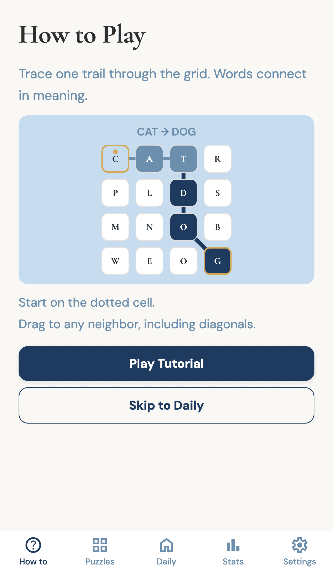 Onword how-to-play screen explaining the continuous trail rules