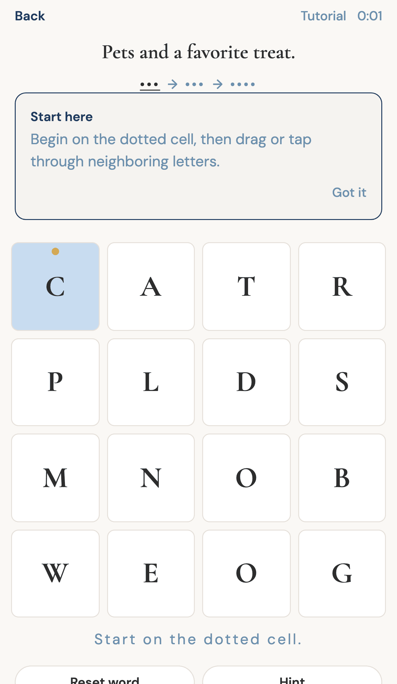 Onword Pet Pals tutorial board with a CAT into DOG path in progress