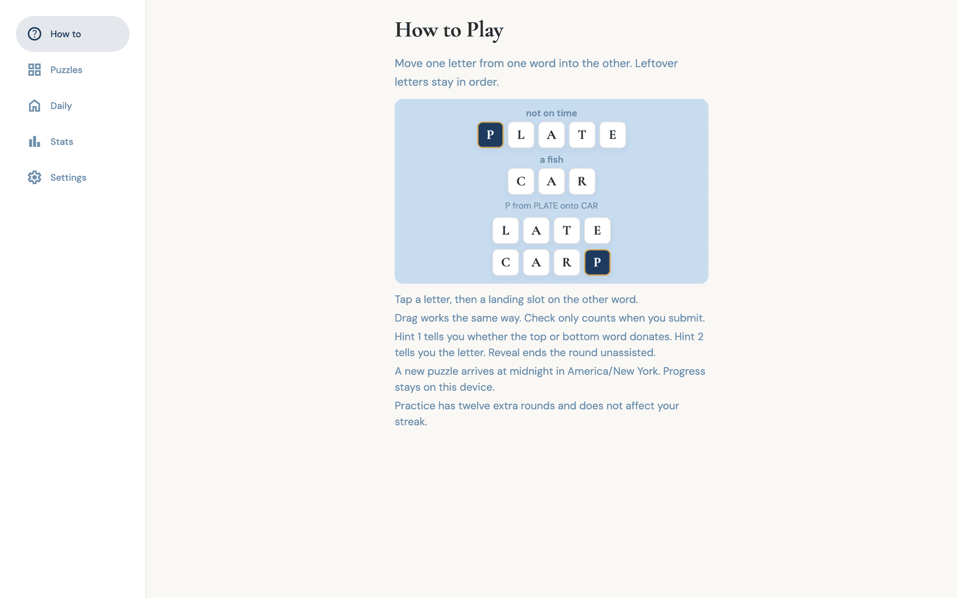 Affix how-to-play screen showing PLATE and CAR becoming LATE and CARP