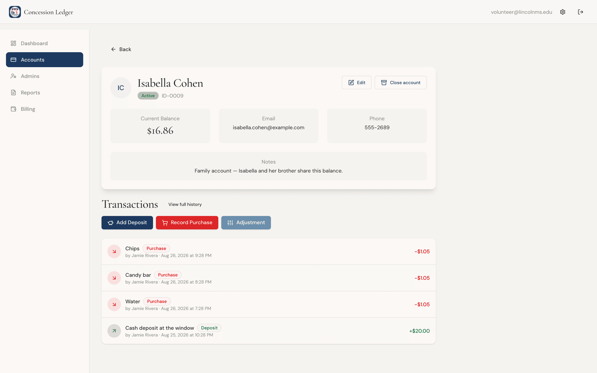 Isabella Cohen account with a $16.86 balance, family-account note, and a cash deposit plus snack purchases in the audit trail
