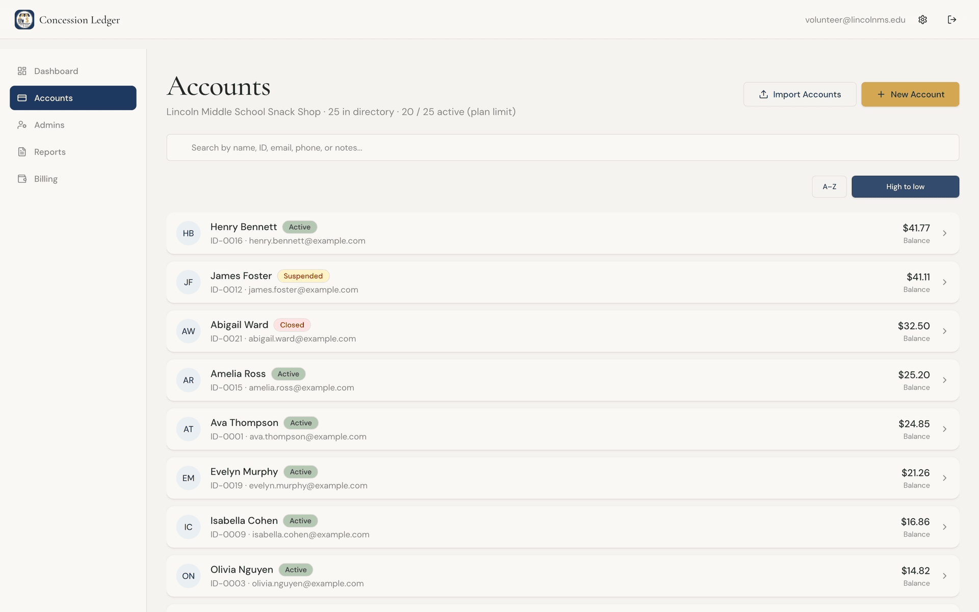 Searchable member directory with names, student IDs, emails, and current balances sorted from high to low