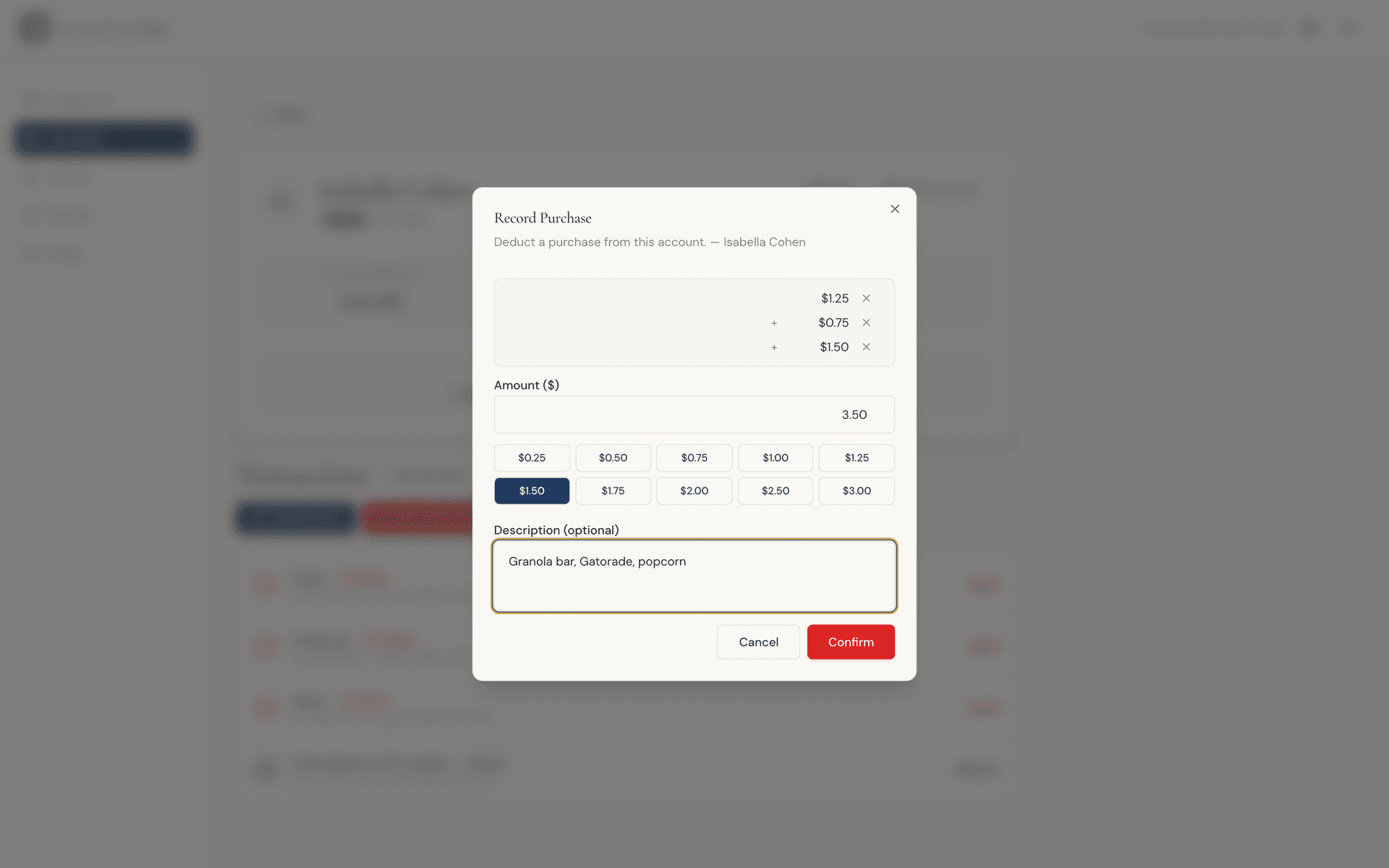 Record Purchase dialog adding $1.25, $0.75, and $1.50 for granola bar, Gatorade, and popcorn