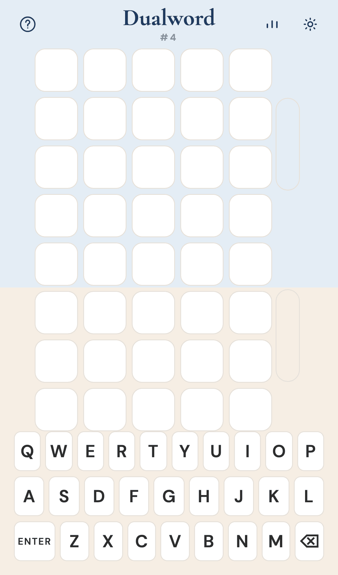 Dualword daily board with a split cream and sky background, empty tiles, and the on-screen keyboard