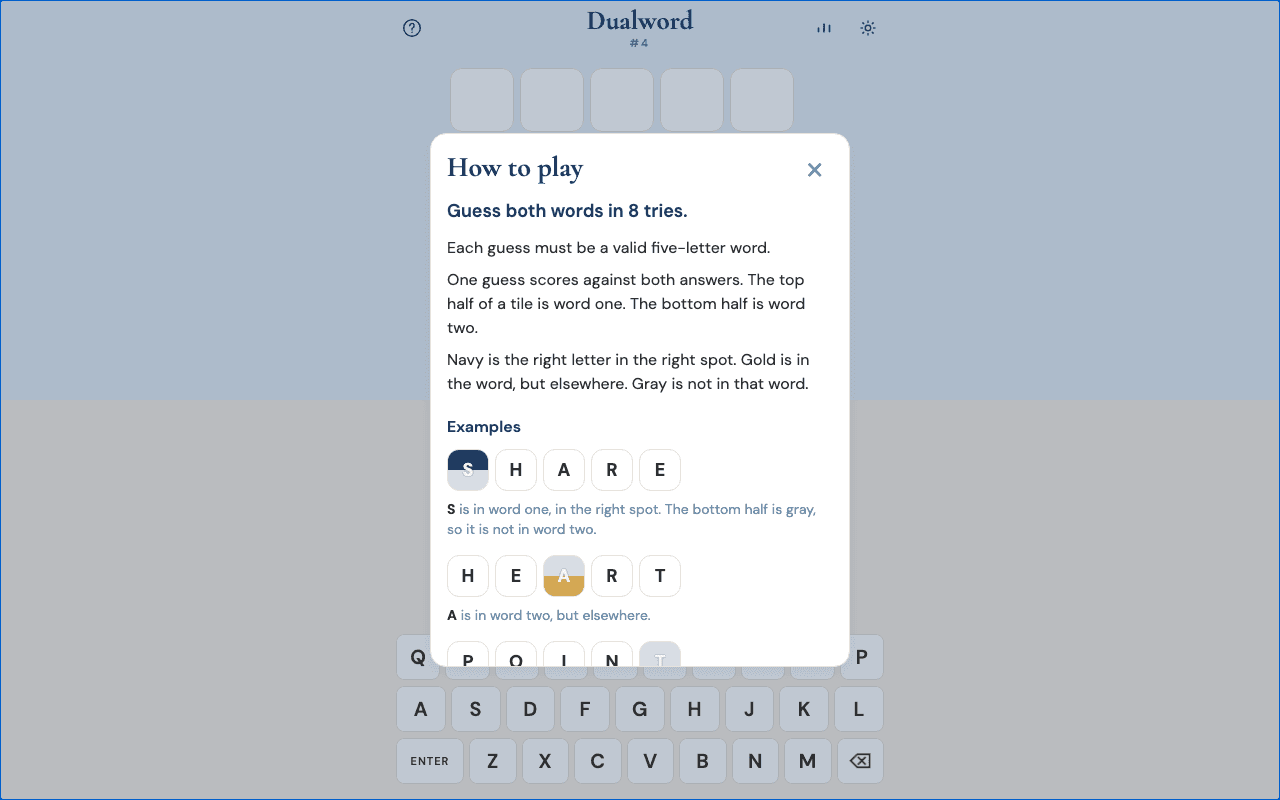 Dualword how-to-play modal showing split tiles for SHARE and HEART, with navy, gold, and gray halves