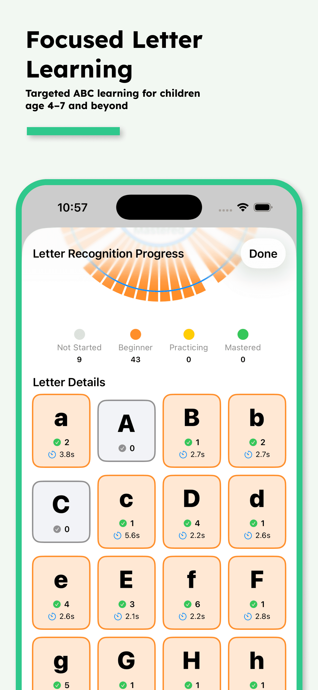 Fasty Letters progress dashboard with letter mastery grid