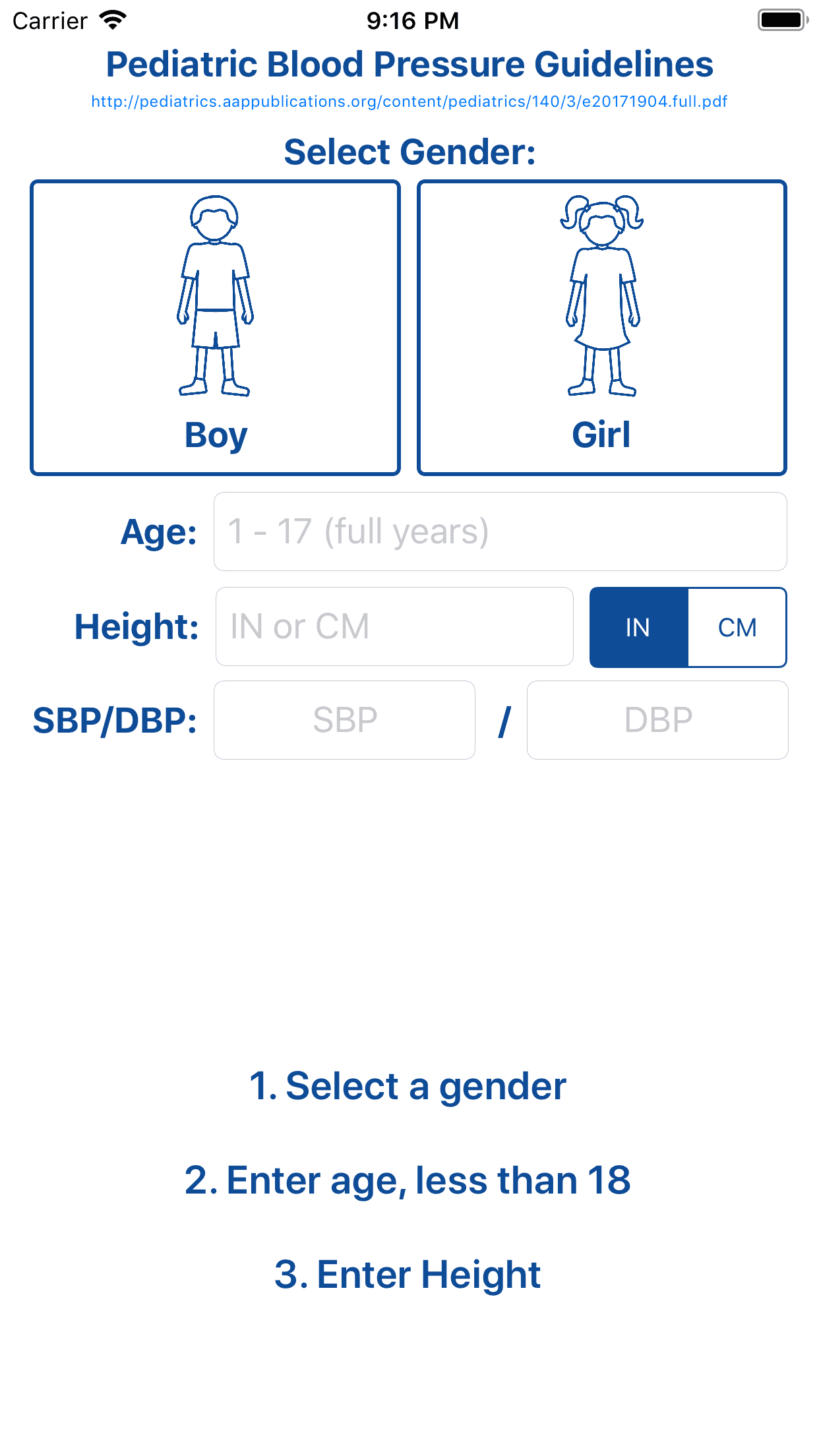 Pediatric Blood Pressure input screen for gender, age, and height