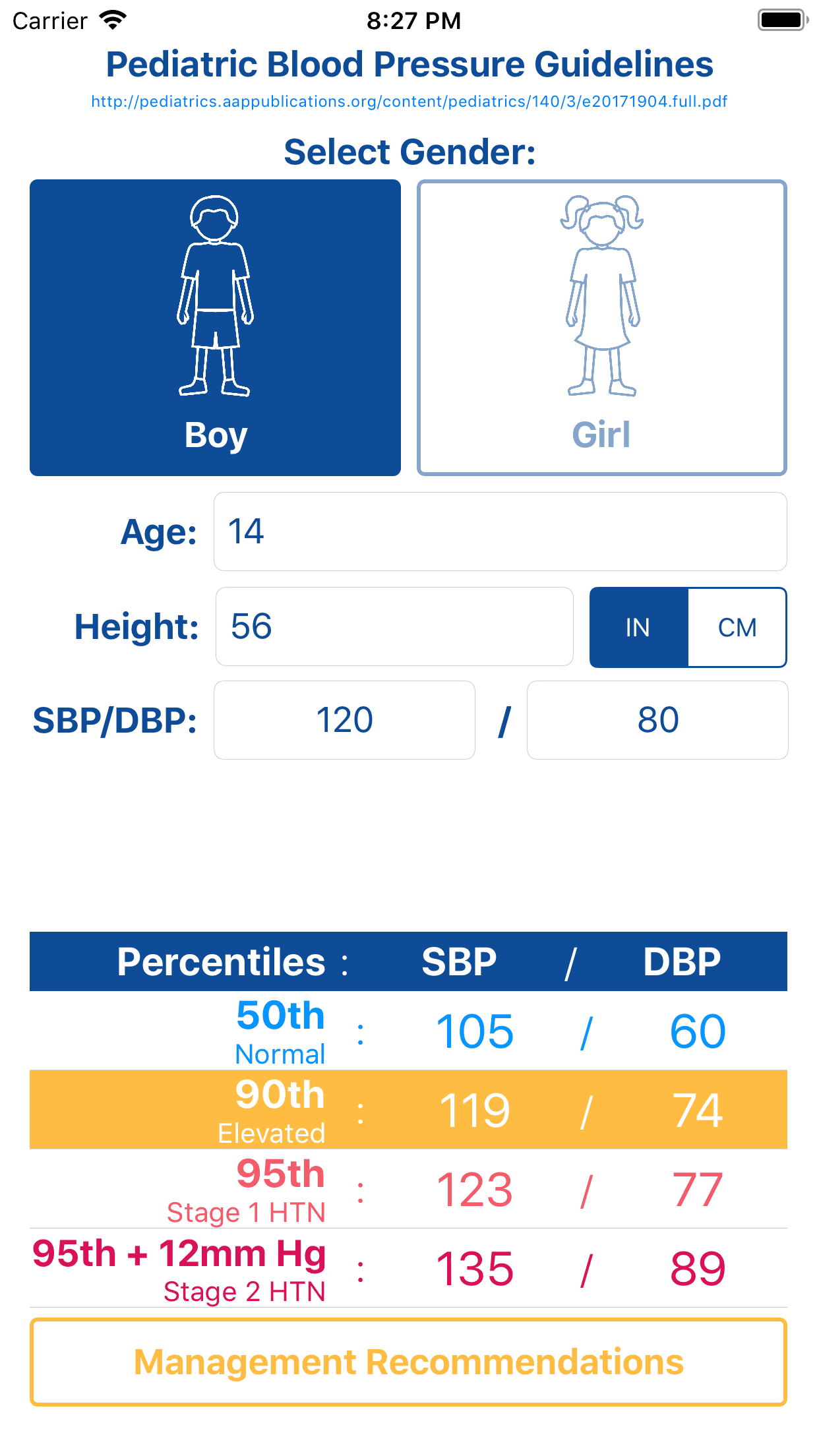 Pediatric Blood Pressure percentile results view