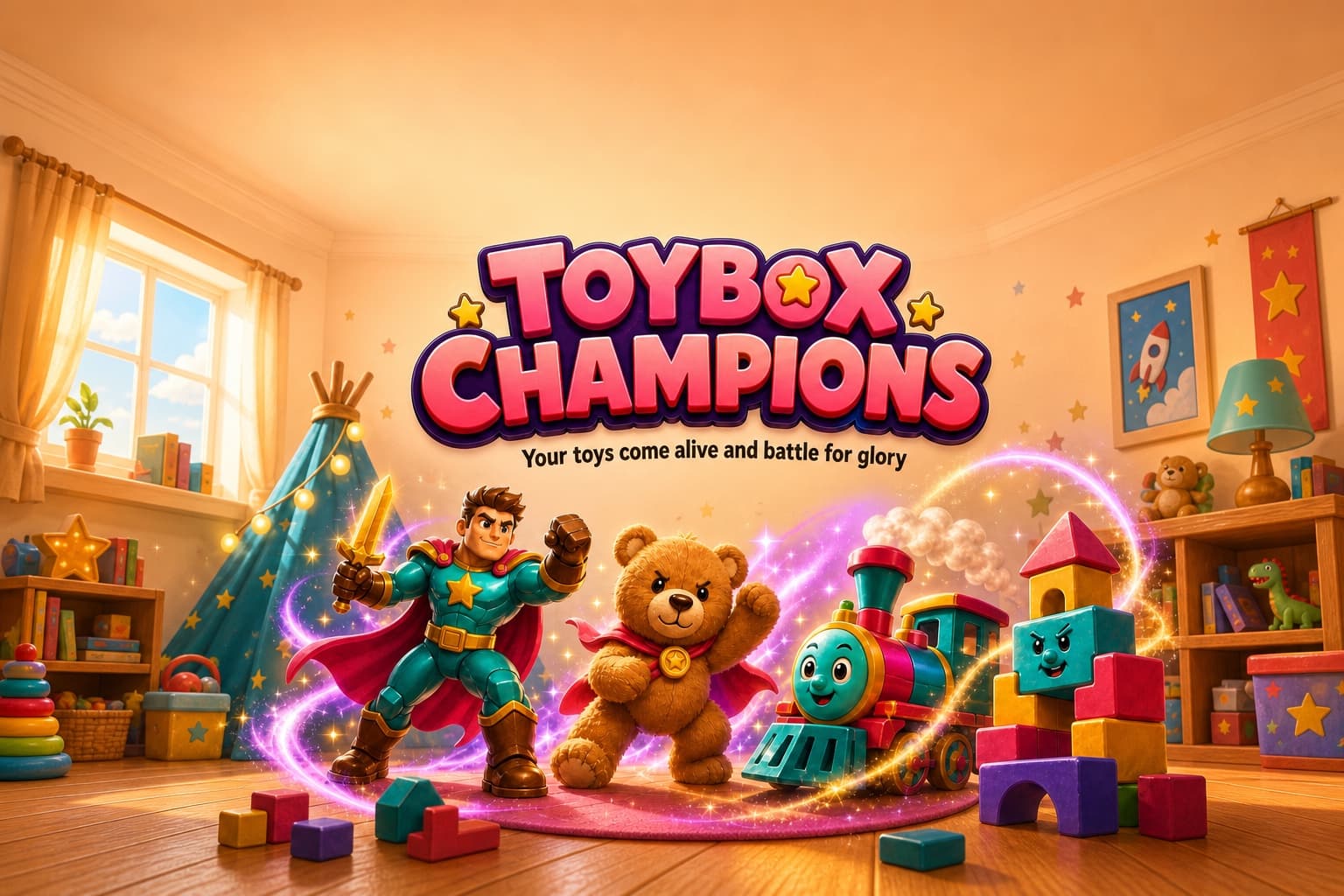 Toybox Champions marketing art showing toys battling on a magical bedroom floor
