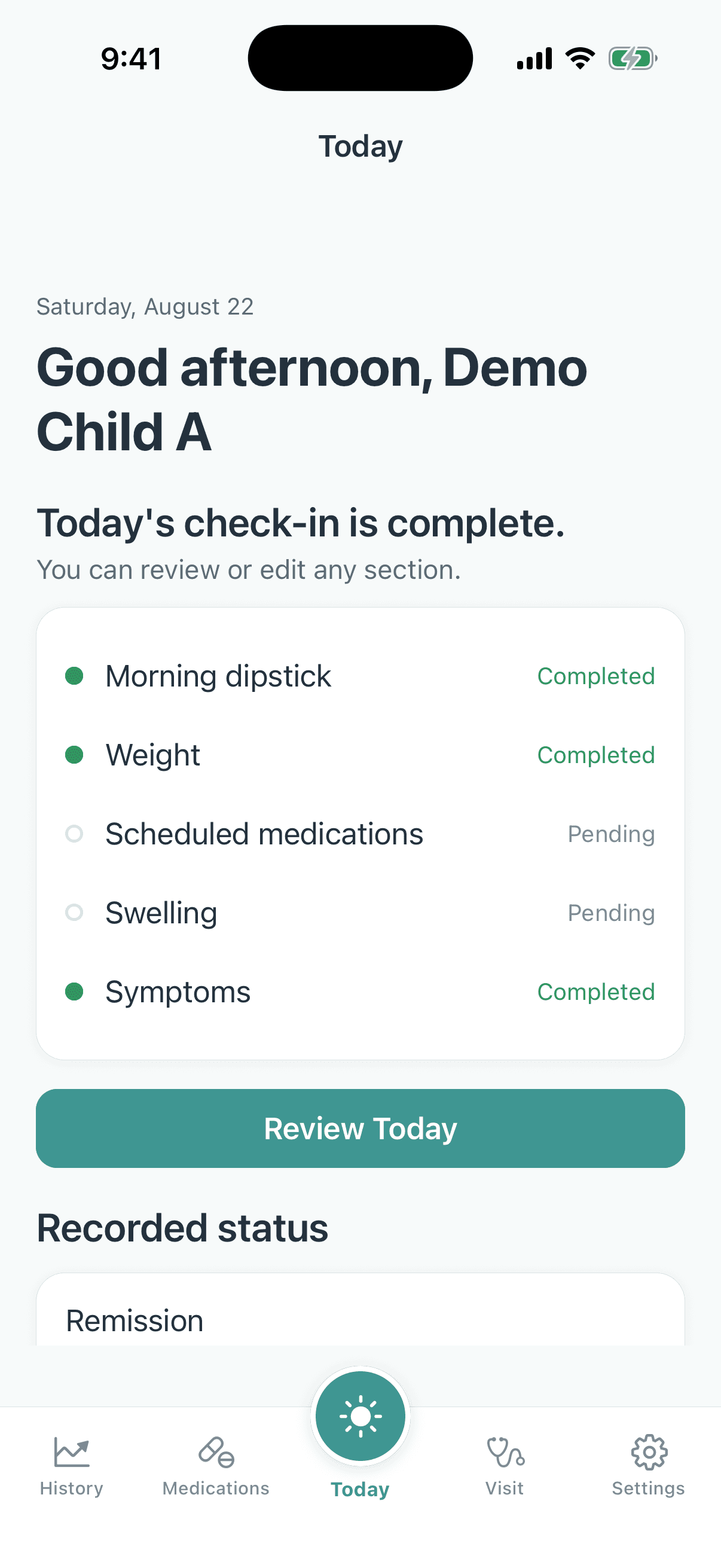 Nephrotic Syndrome Tracker Today screen on iPhone with a completed check-in
