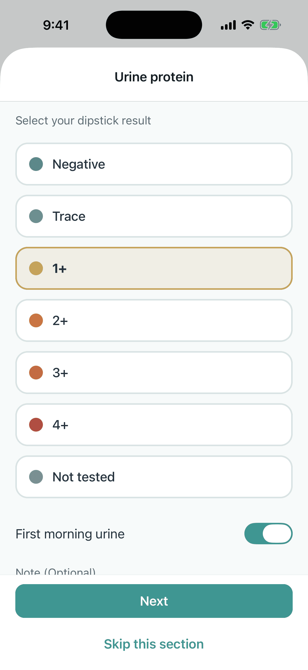 Urine protein check-in on iPhone with first-morning dipstick levels