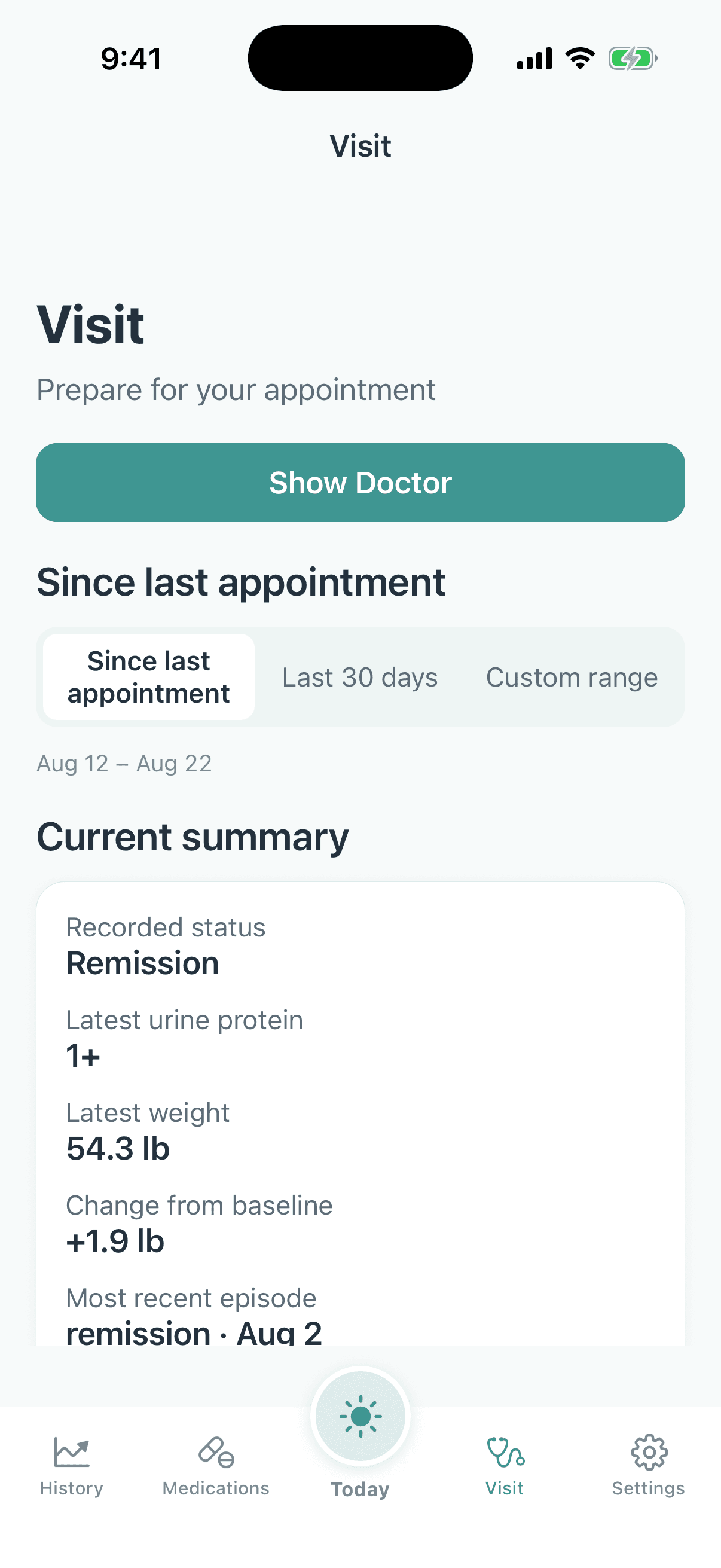 Visit Mode summary on iPhone, ready to show a care team
