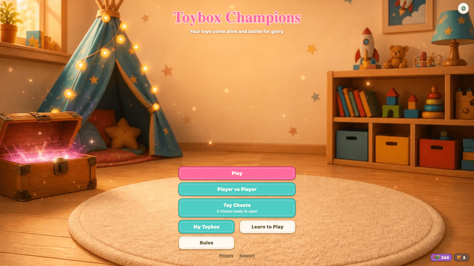 Toybox Champions home screen with Play, Toy Chests, and My Toybox on a playroom rug.