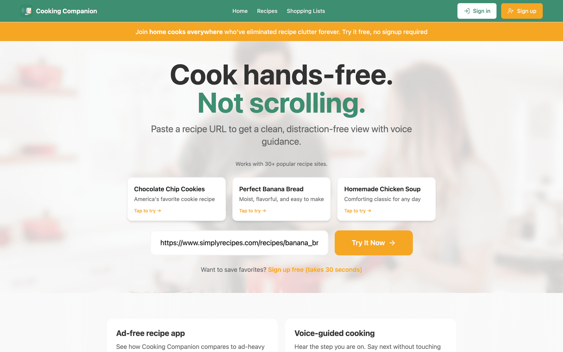 Cooking Companion homepage with a recipe URL field, Try It Now, and sample recipes you can open without signing up