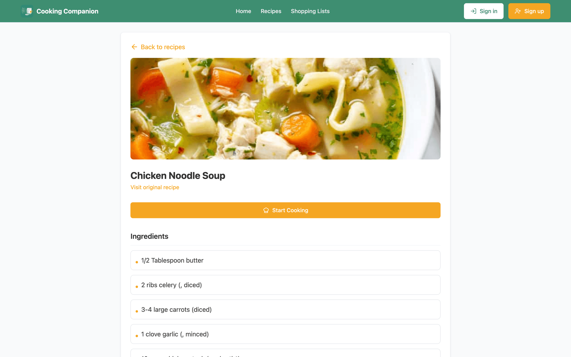 Clean Chicken Noodle Soup recipe in Cooking Companion with a photo, a Start Cooking button, and an organized ingredients list