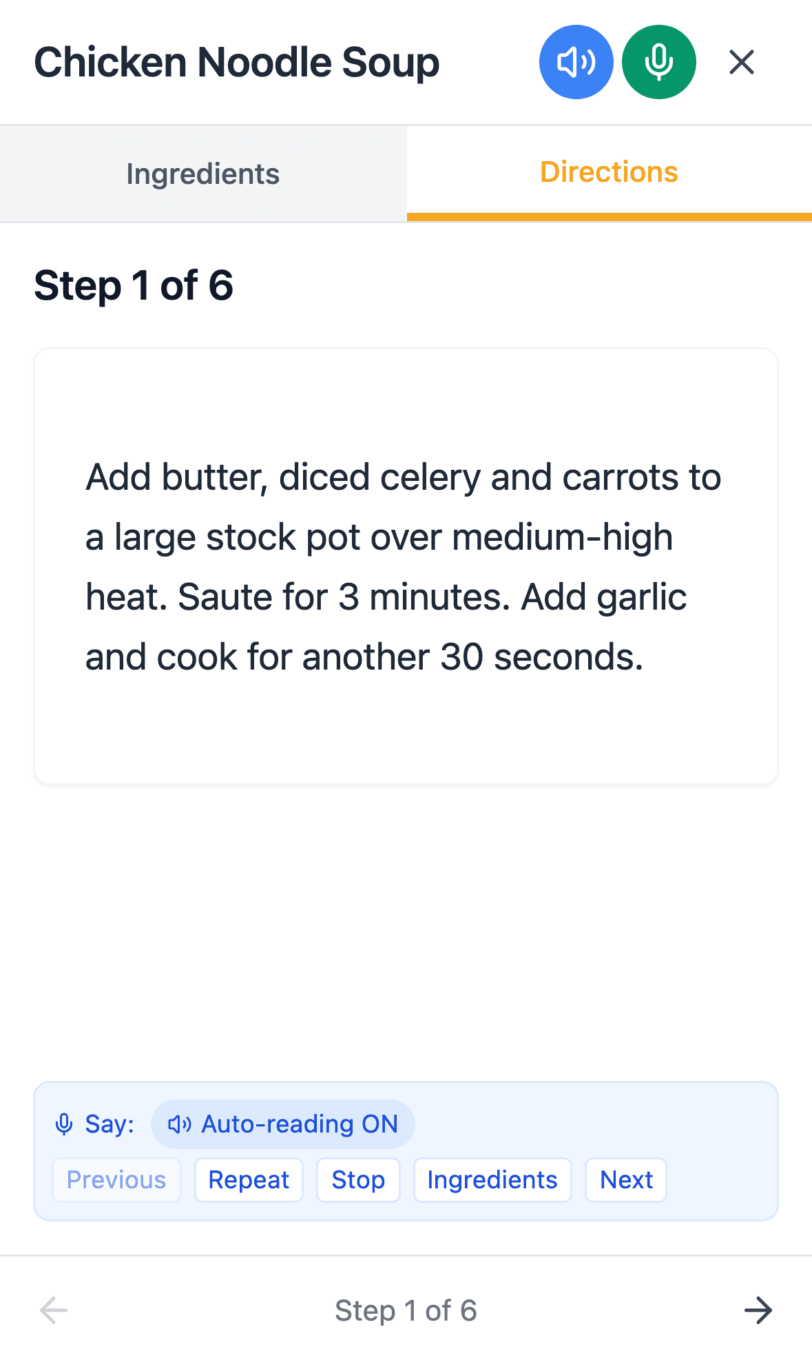 Phone cook mode for Chicken Noodle Soup with large-type step 1, voice command chips, and auto-reading on
