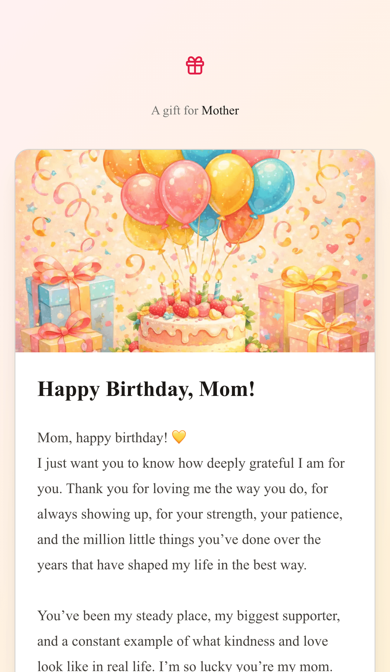 Mobile birthday gift page with an illustrated card and a long personal message for Mom