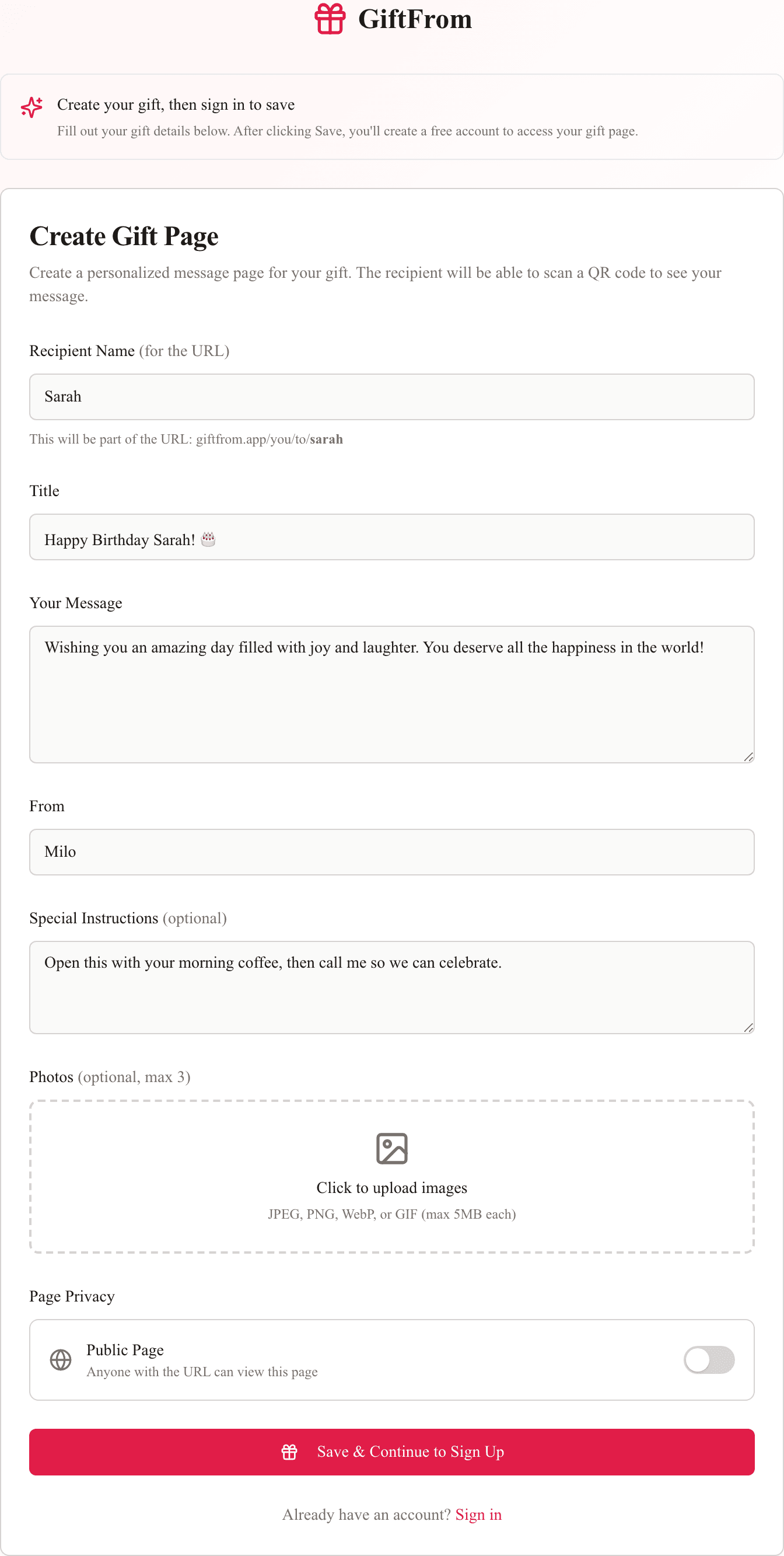GiftFrom create form filled with a birthday message, optional instructions, photos, and a free signup button