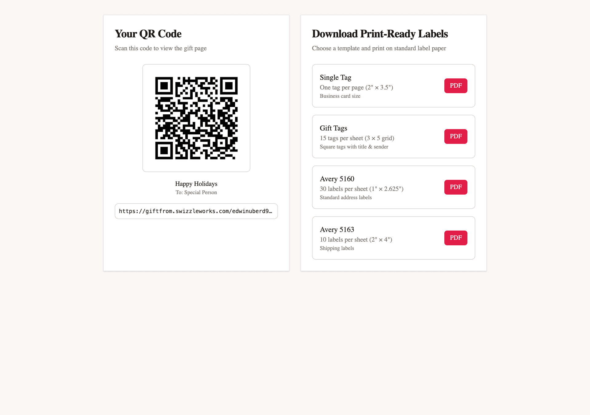 GiftFrom QR code and print-ready label downloads including single tags and Avery 5160 and 5163 sheets