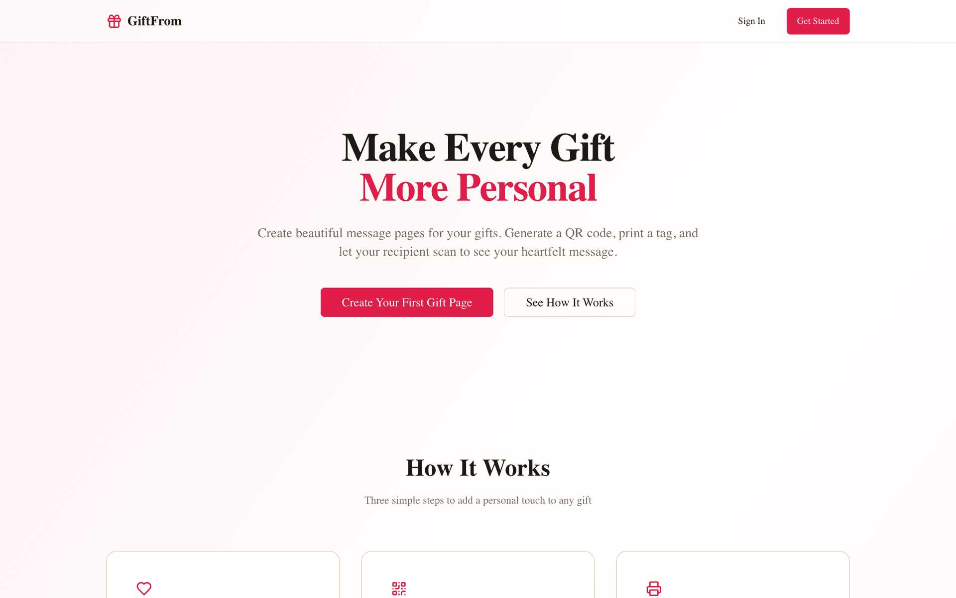 GiftFrom homepage with Create Your First Gift Page and a three-step how-it-works section