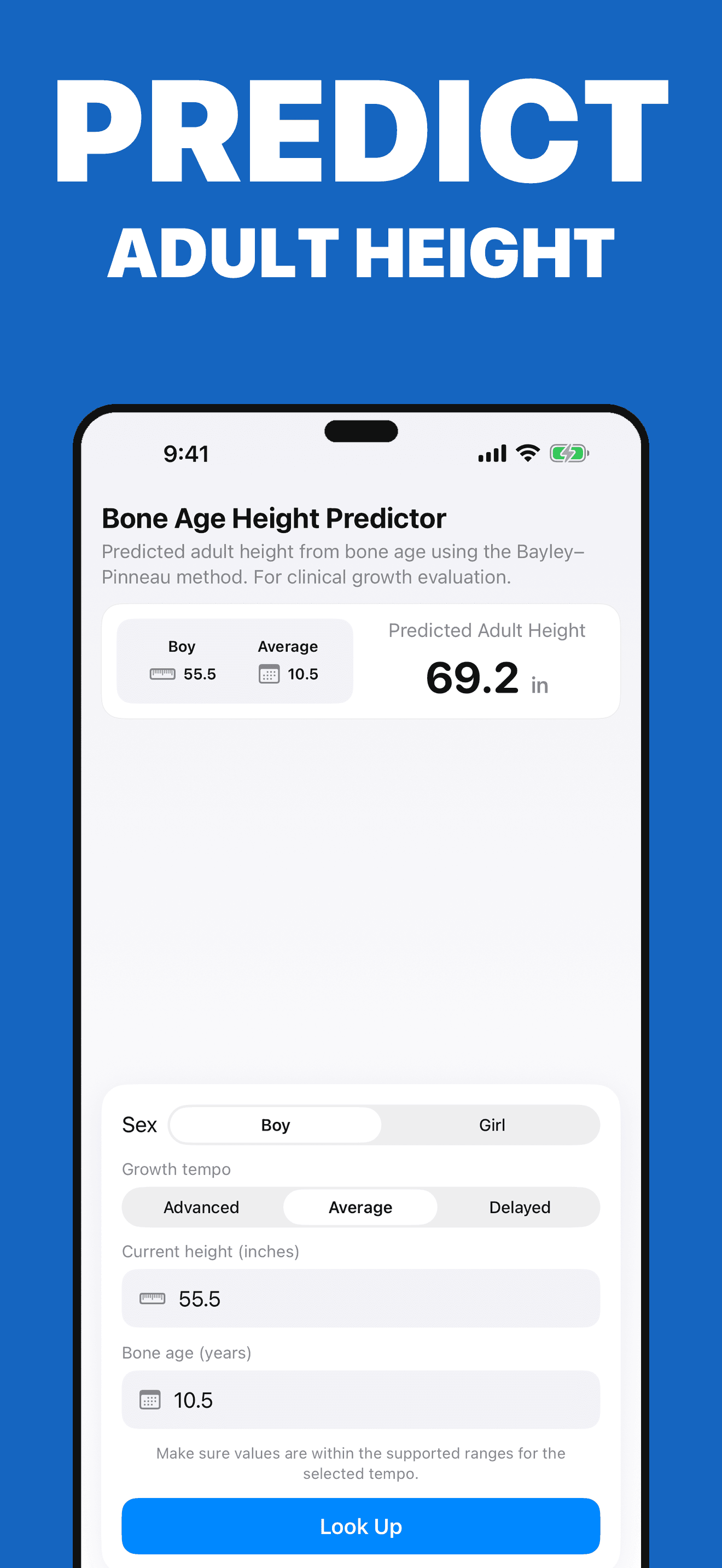 Height Predictor result showing predicted adult height from Bayley-Pinneau lookup