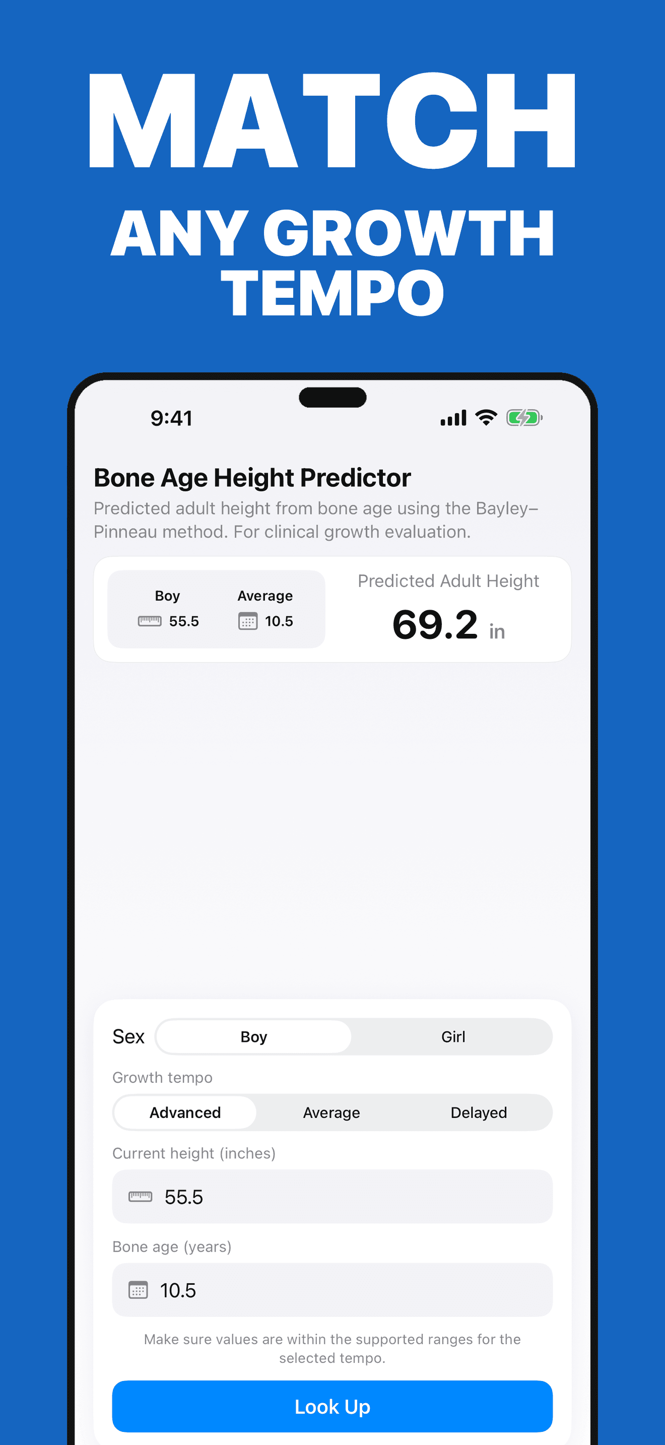 Height Predictor growth tempo picker for advanced, average, or delayed maturation