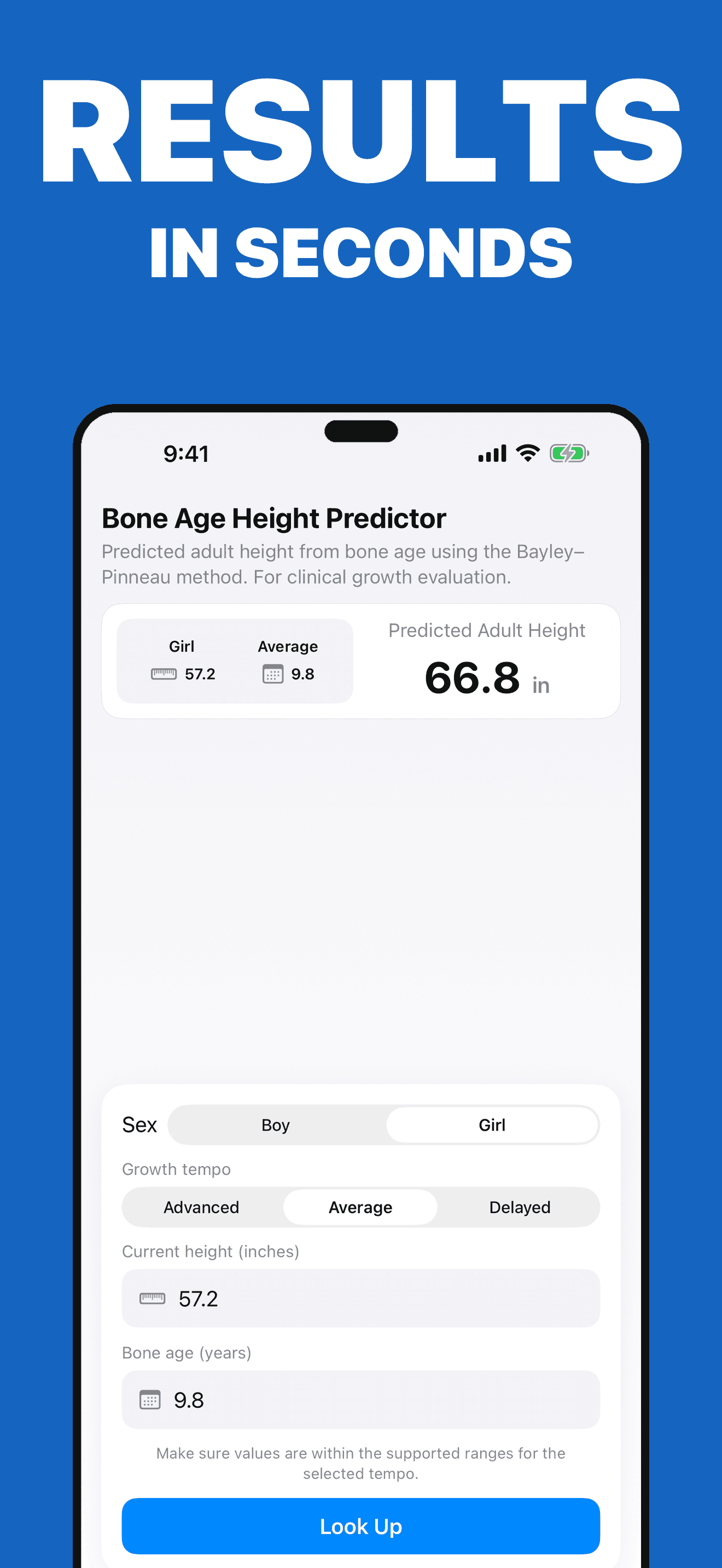 Height Predictor clinical inputs for current height and bone age