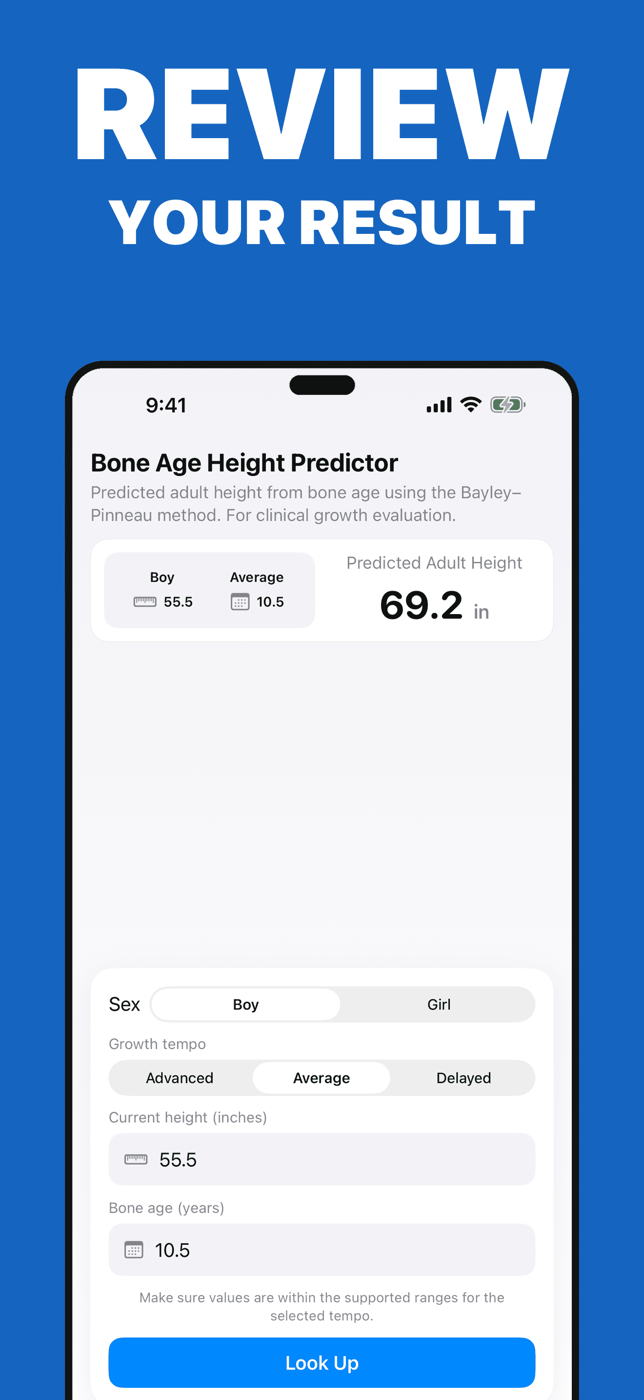 Height Predictor review card with inputs and predicted adult height
