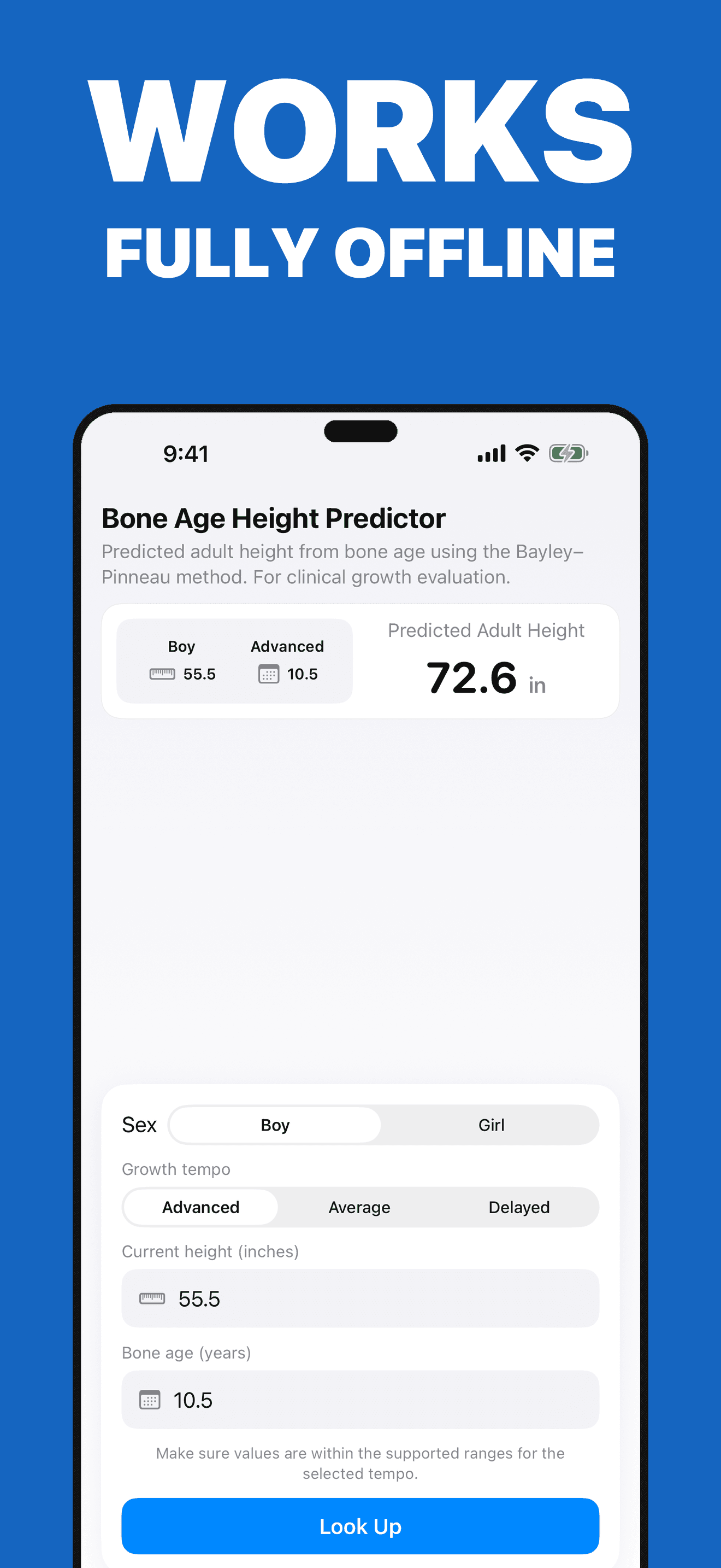 Height Predictor offline Bayley-Pinneau table lookup result