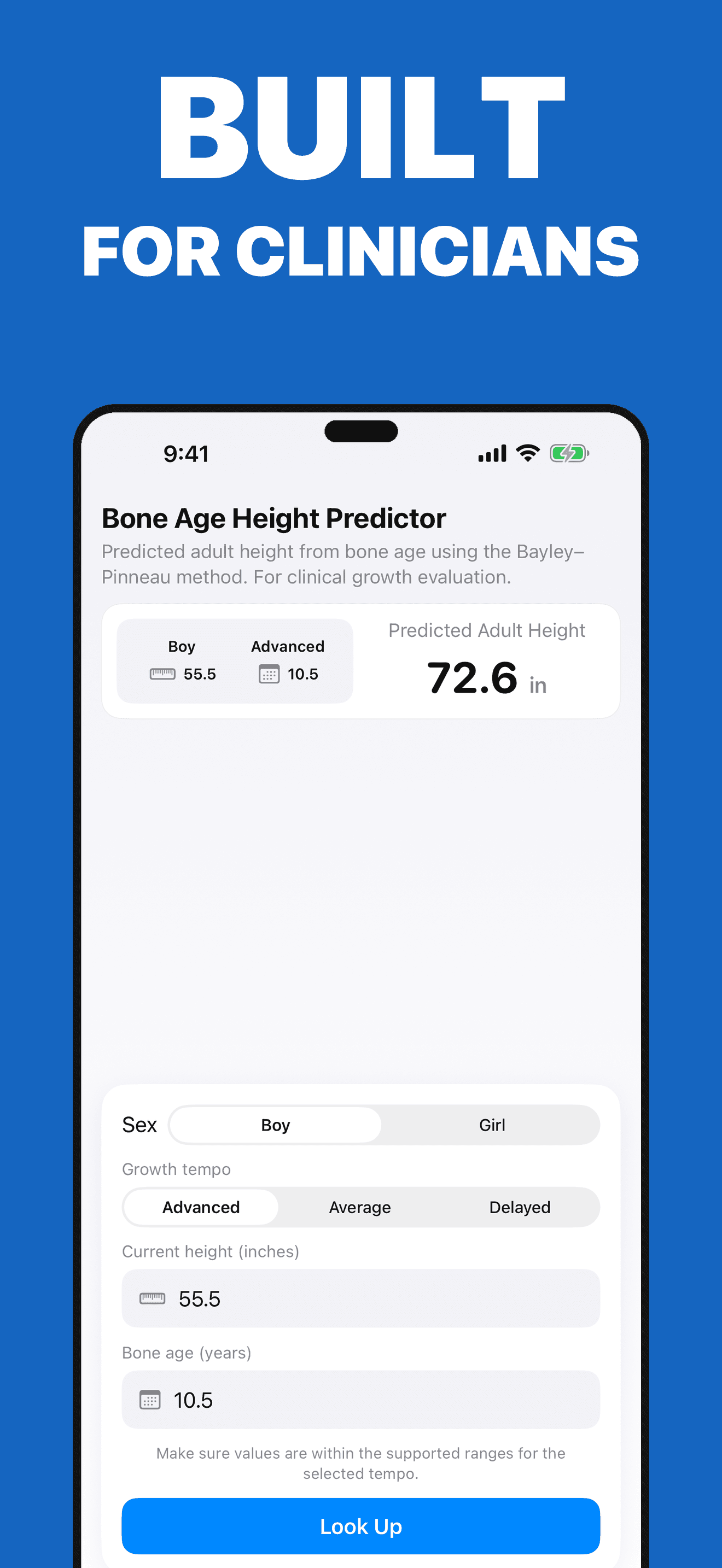 Height Predictor clinician-focused Bayley-Pinneau height predictor screen