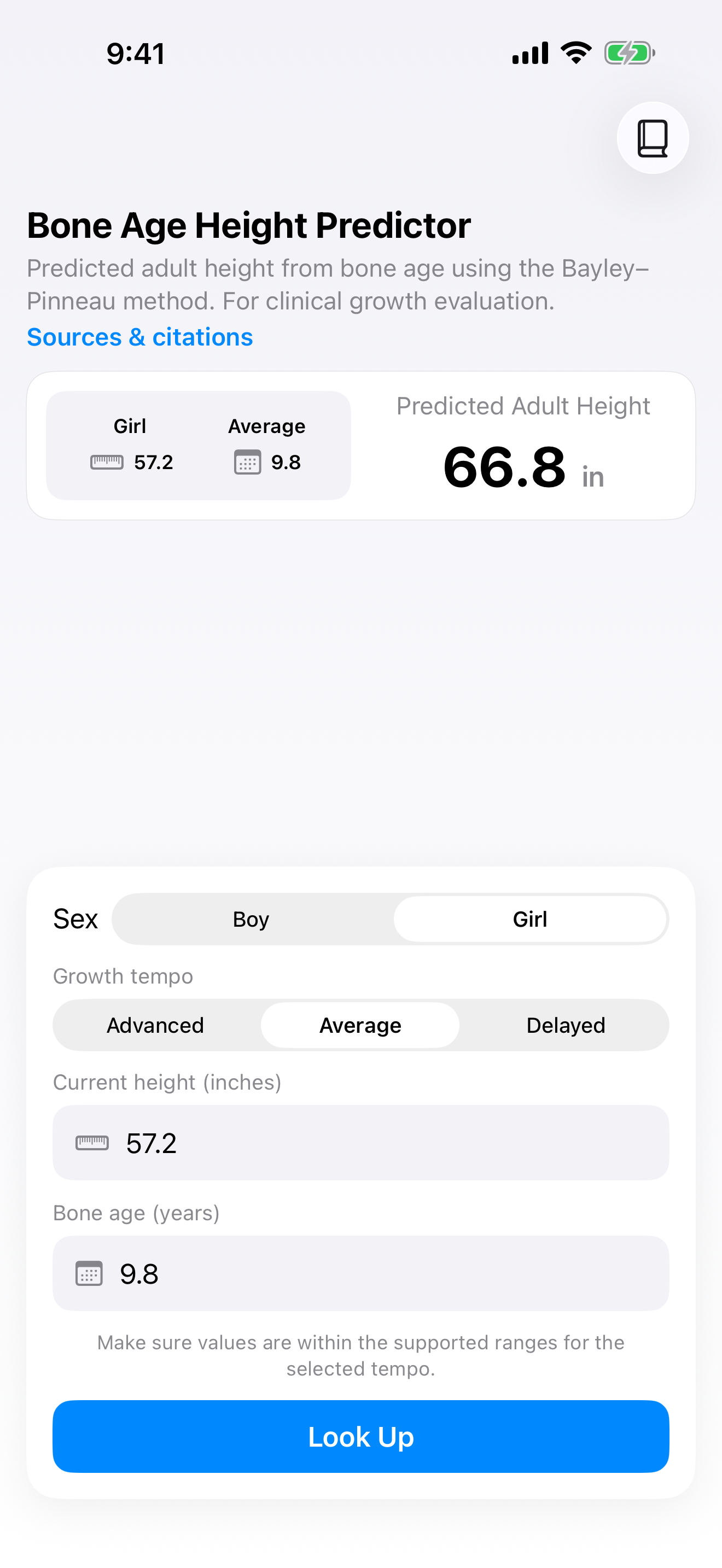 Sex, tempo, current height, and bone age fields filled in for a girl example