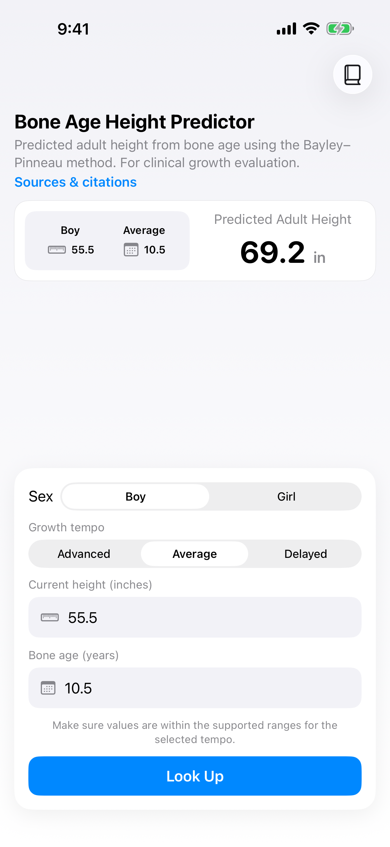 Result card with the entered inputs summarized above the predicted adult height