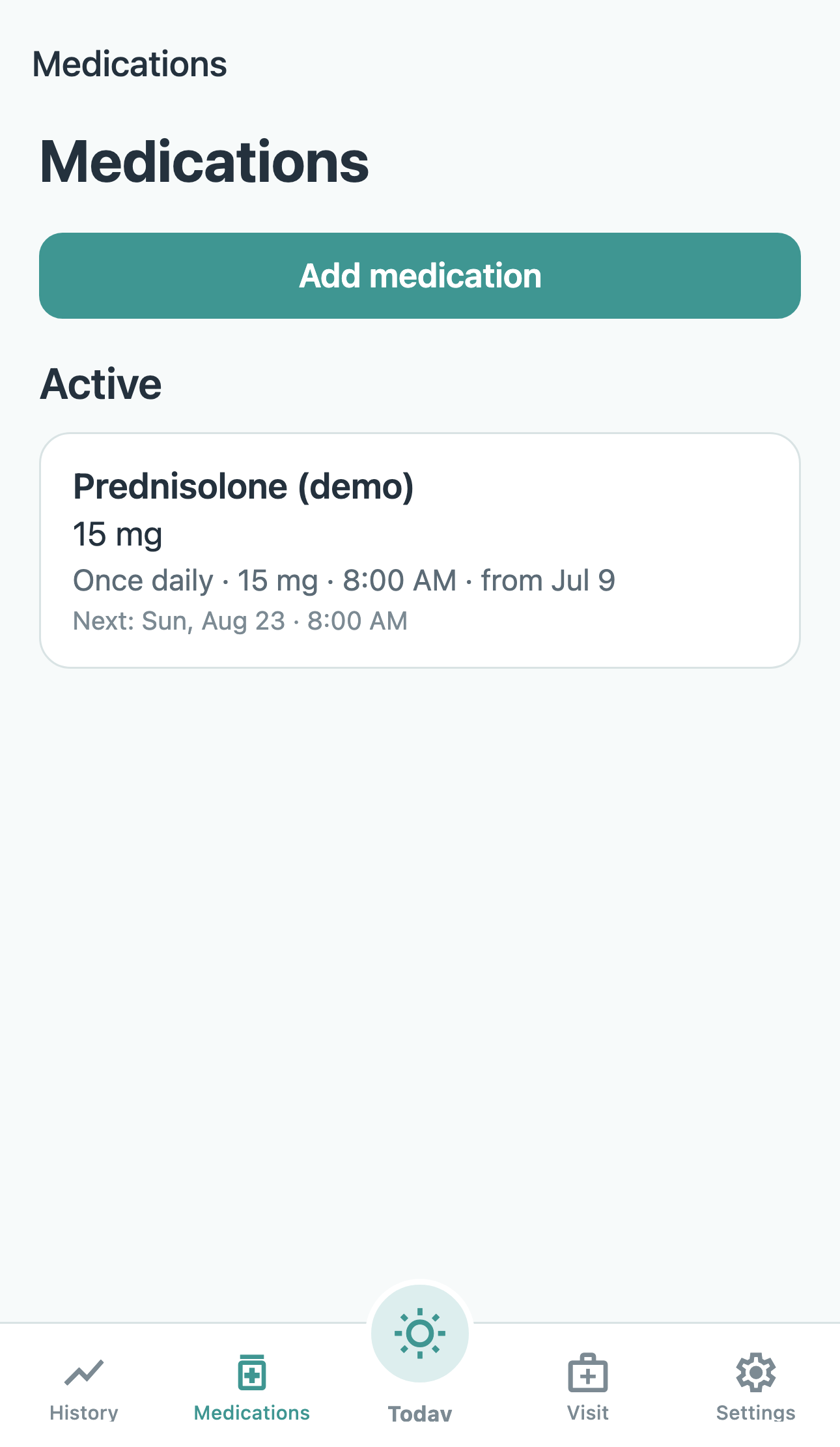 Medications list with an active Prednisolone schedule