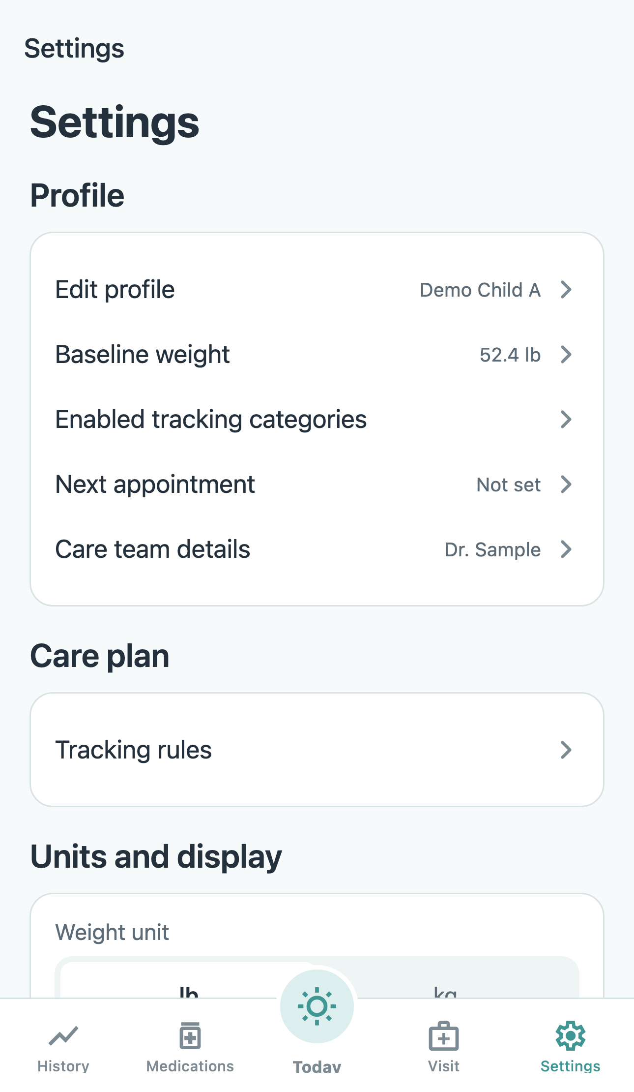 Settings for Demo Child A, including profile, care plan, and units