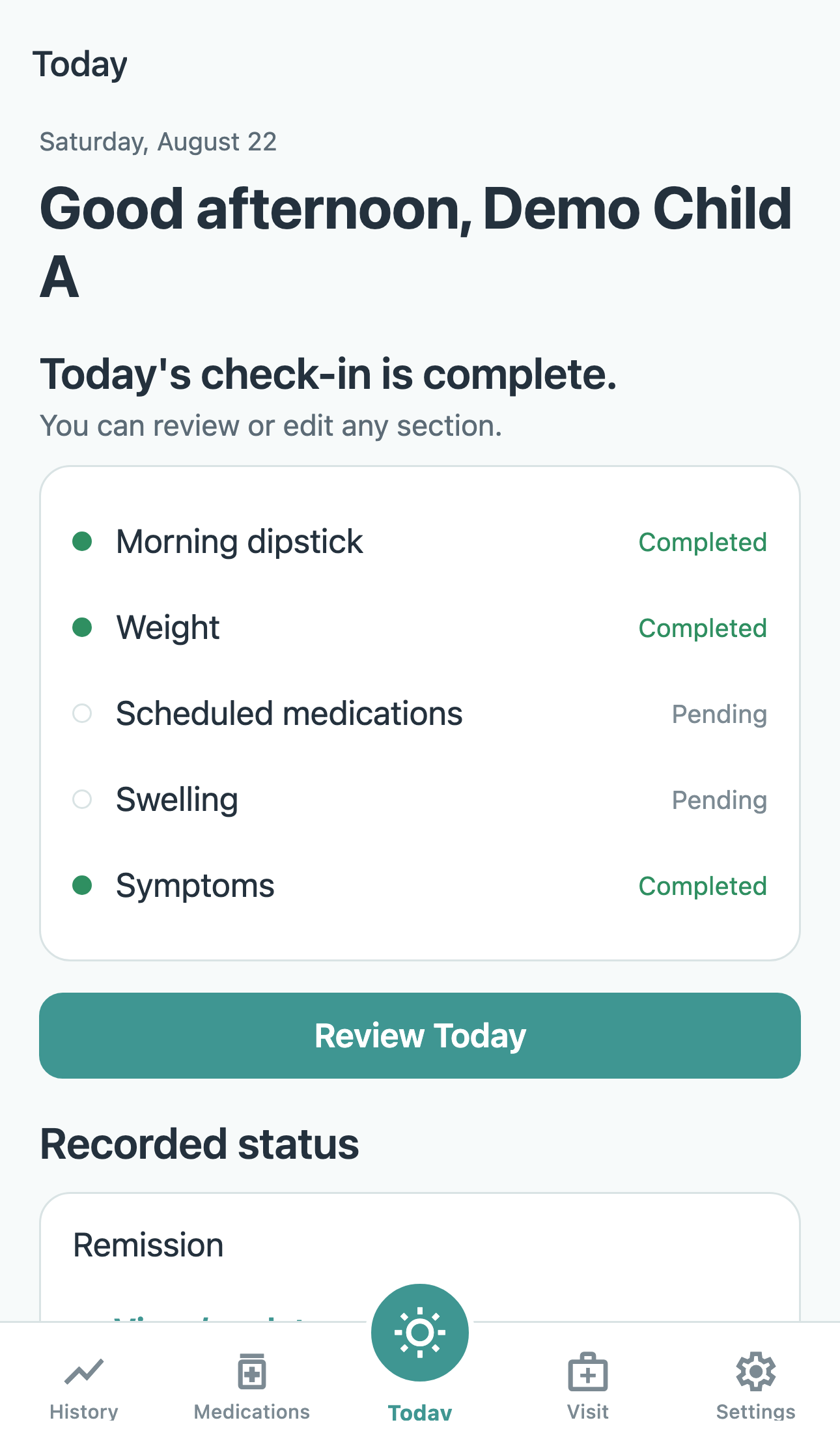 Today screen with a completed check-in for Demo Child A
