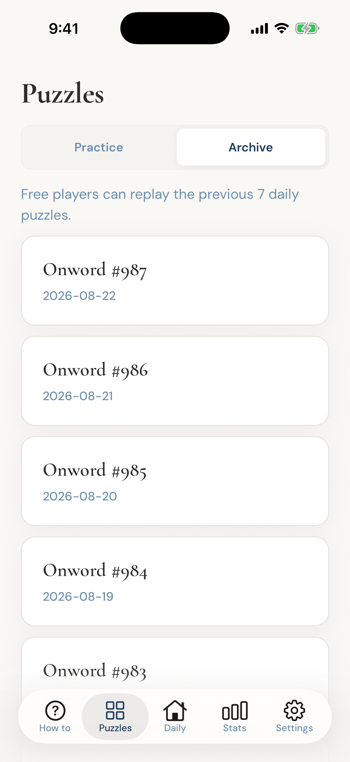 Onword daily archive list on iPhone