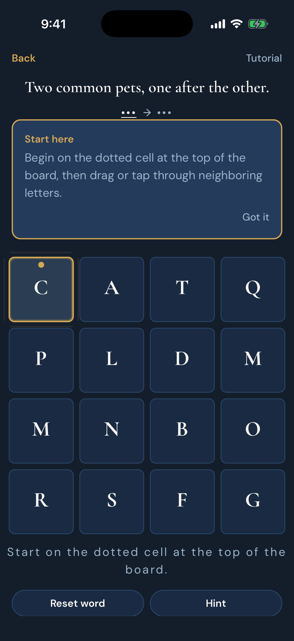 Onword tutorial board in dark mode on iPhone