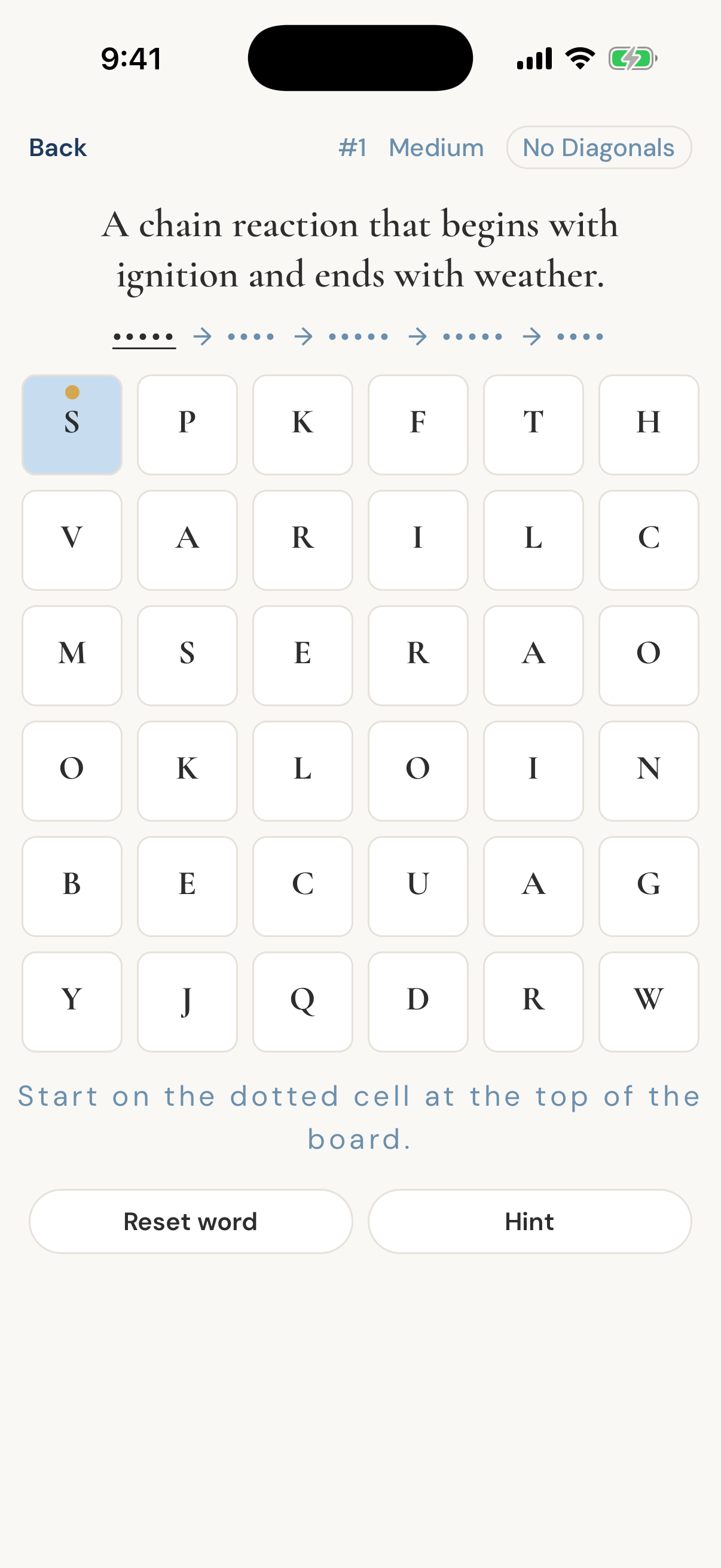 Onword Chain Reaction practice board on iPhone
