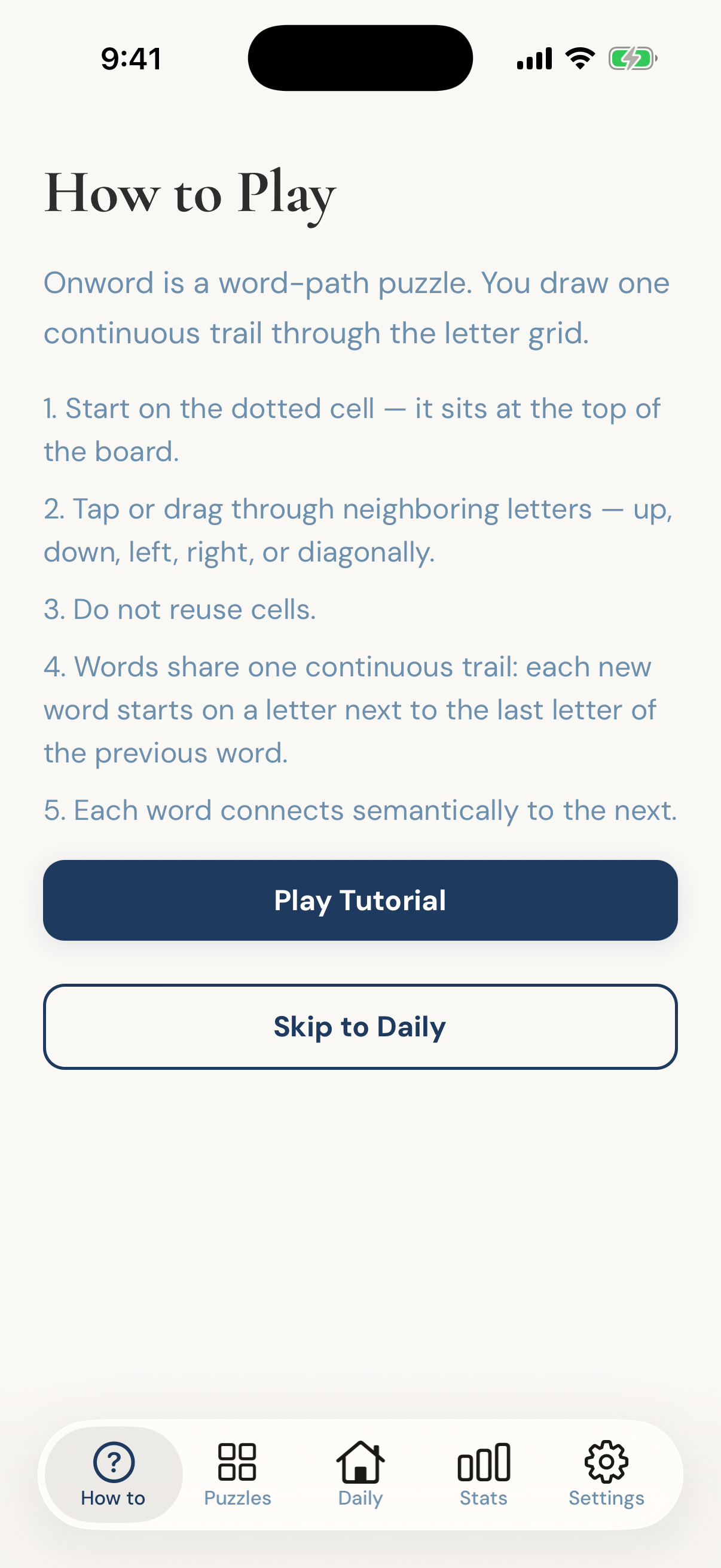Onword how-to-play screen on iPhone