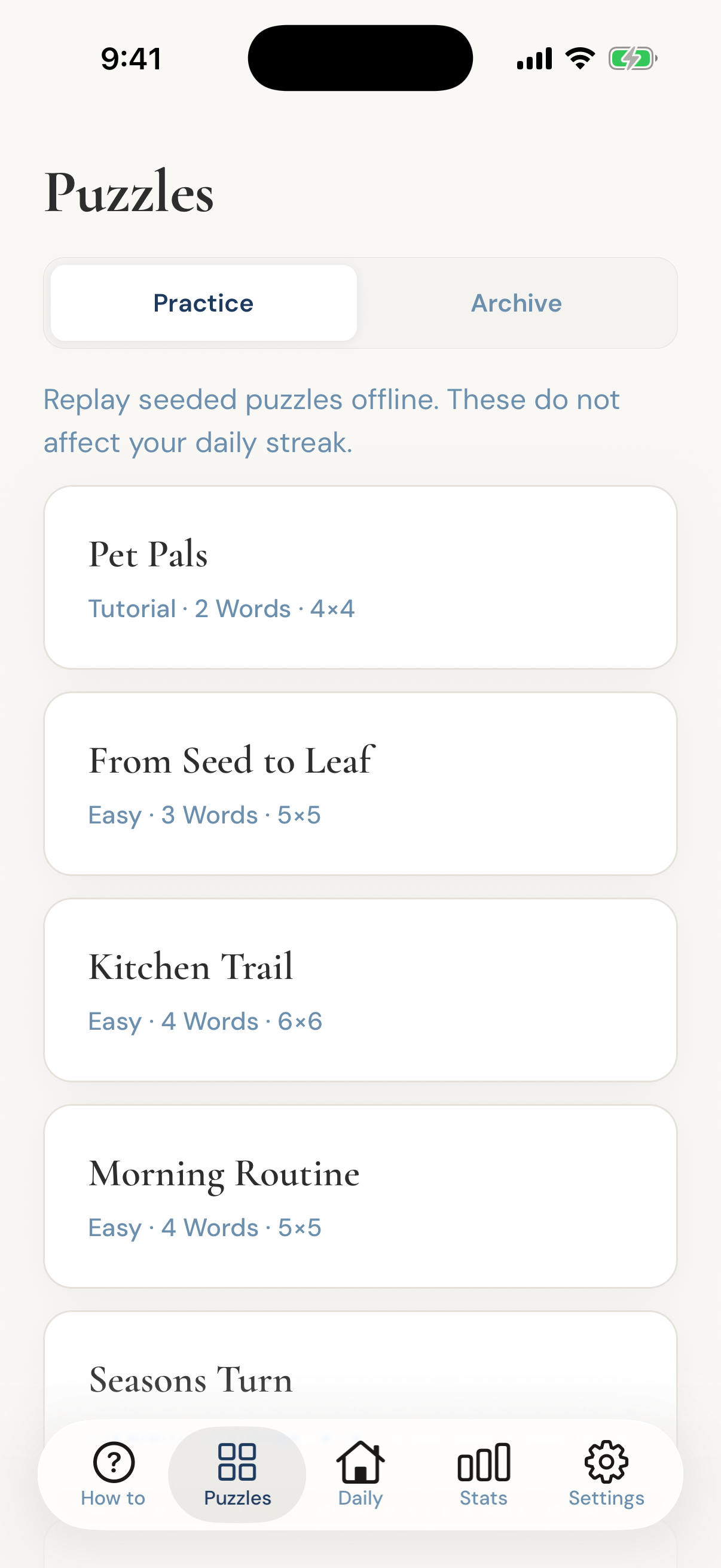 Onword practice puzzle list on iPhone