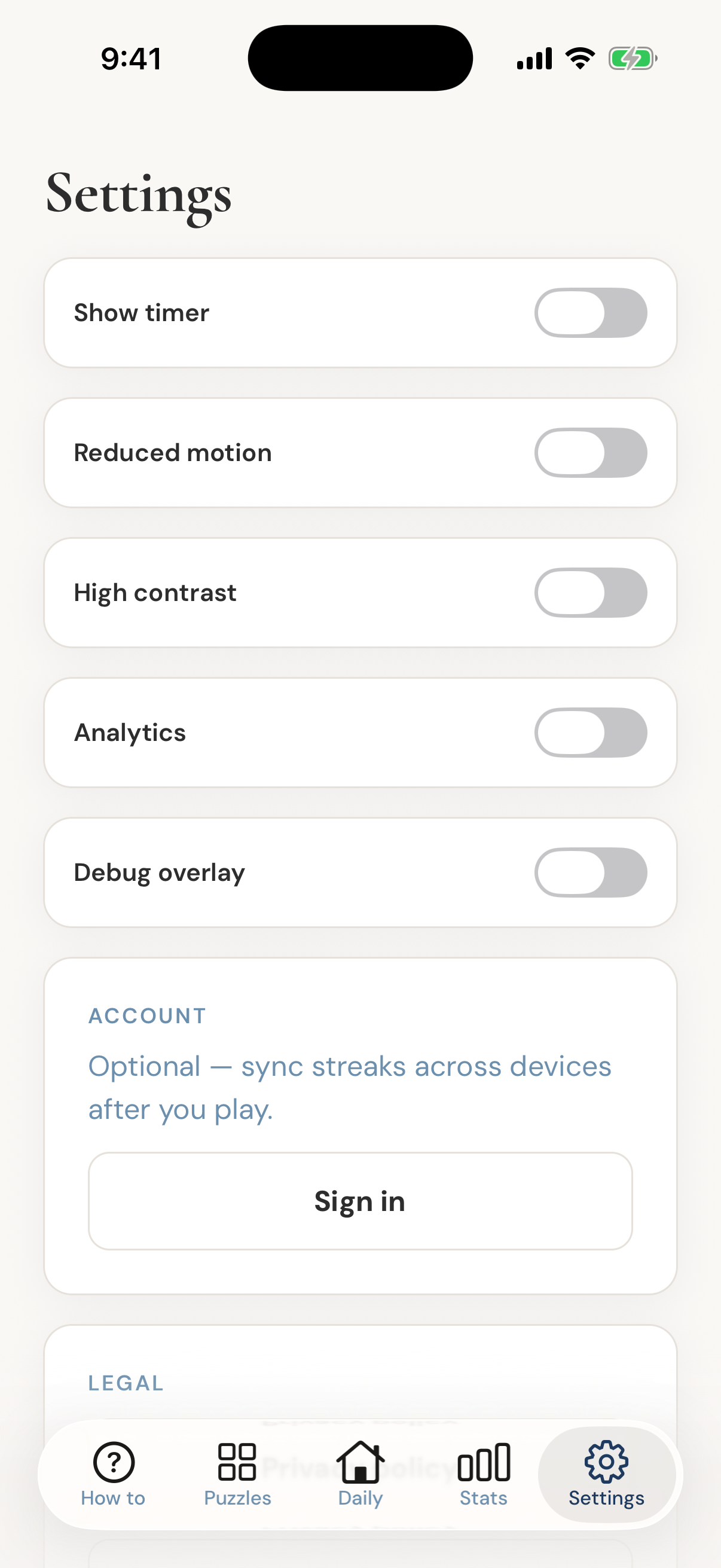 Onword settings screen on iPhone