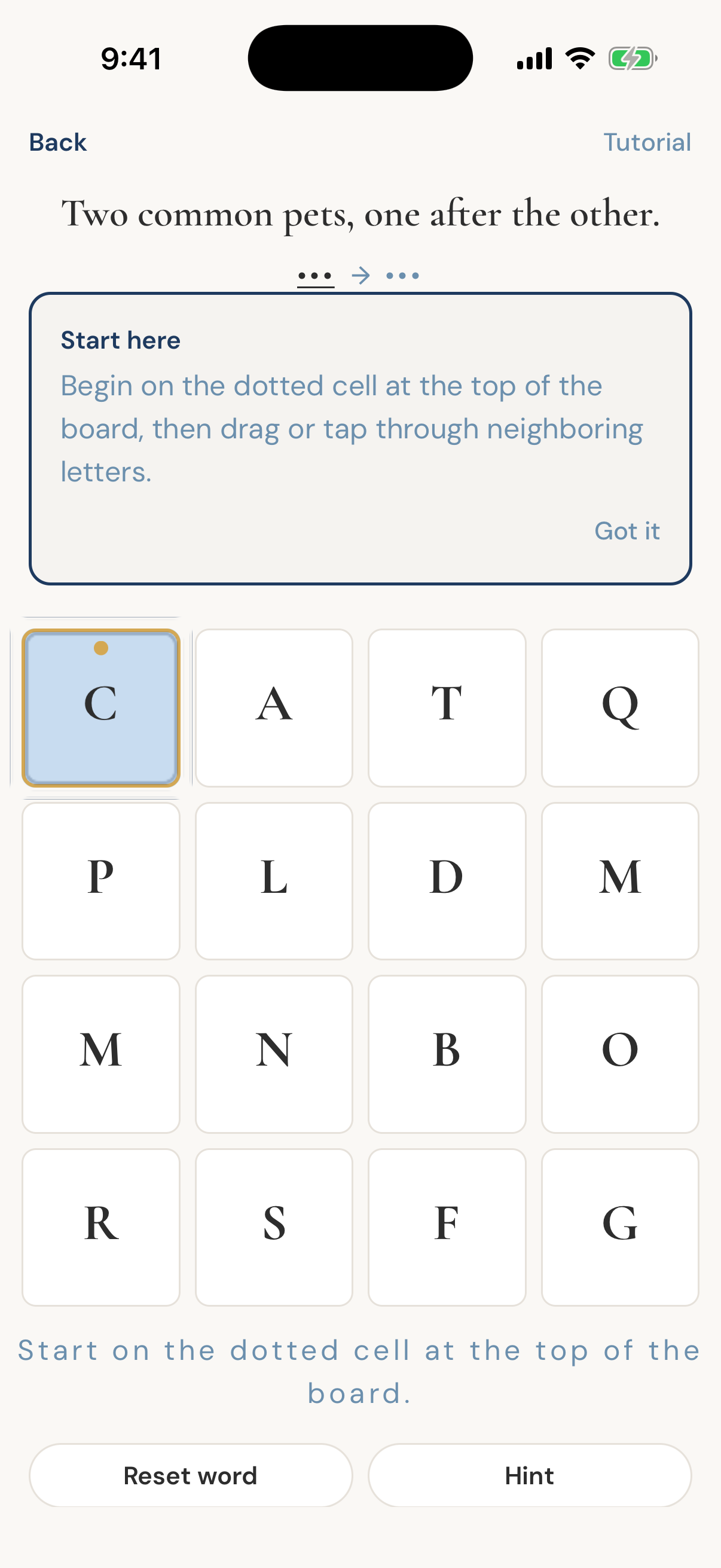 Onword Pet Pals tutorial board on iPhone
