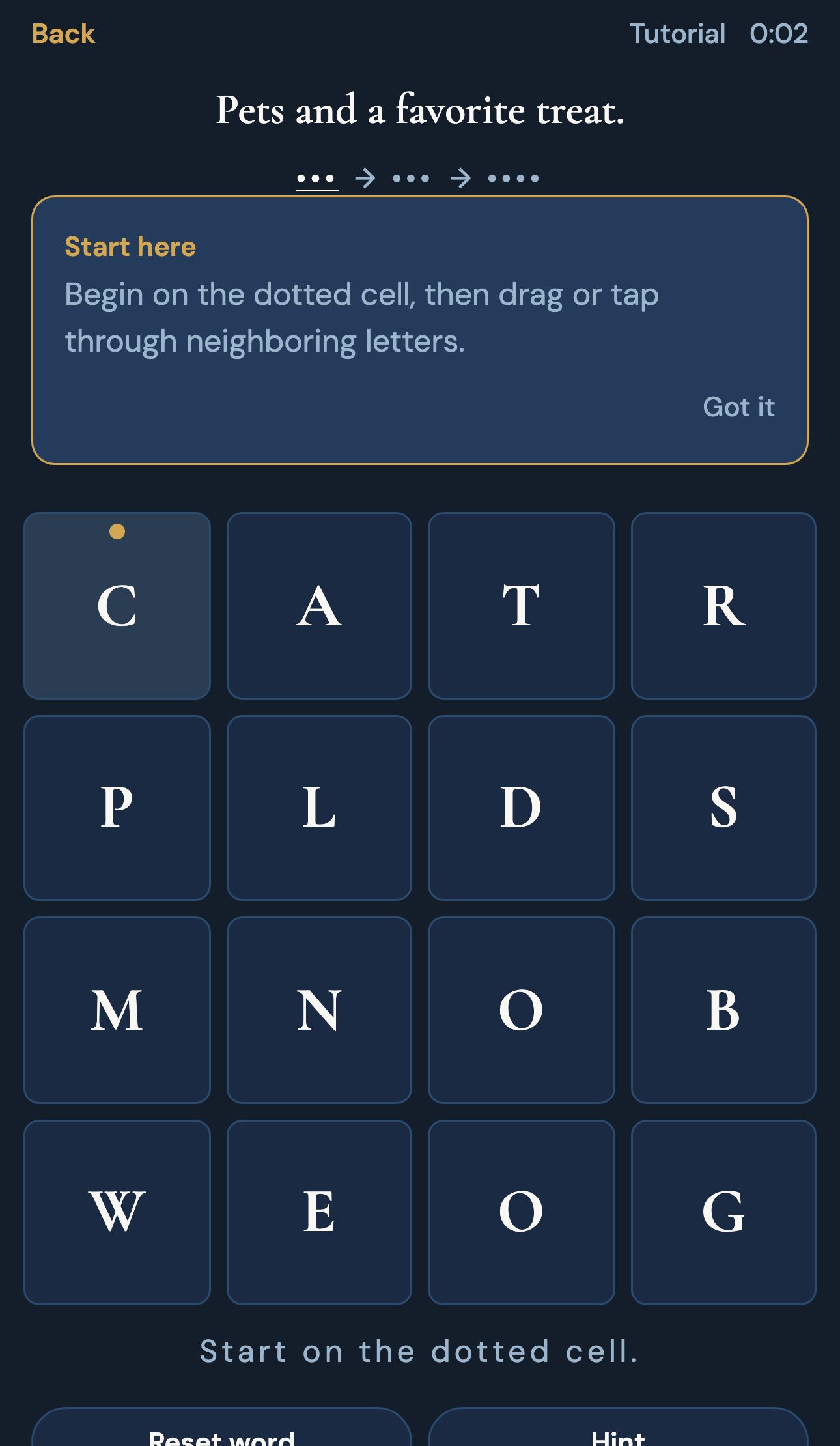 Onword tutorial board in dark mode