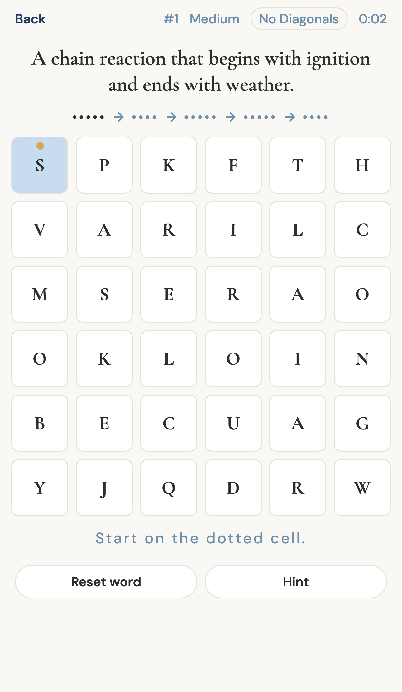 Onword Chain Reaction practice board on a fuller grid