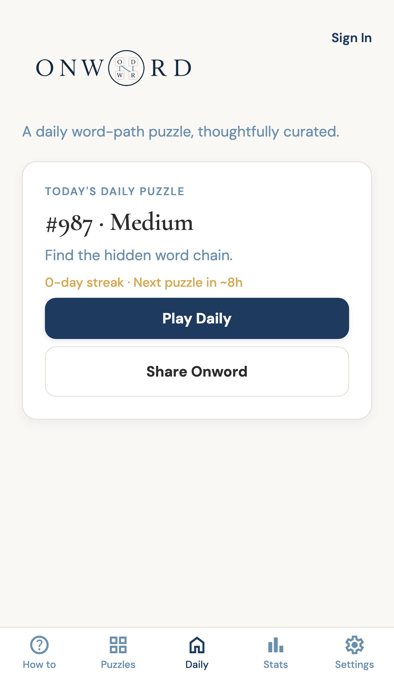 Onword home screen with today's daily puzzle card