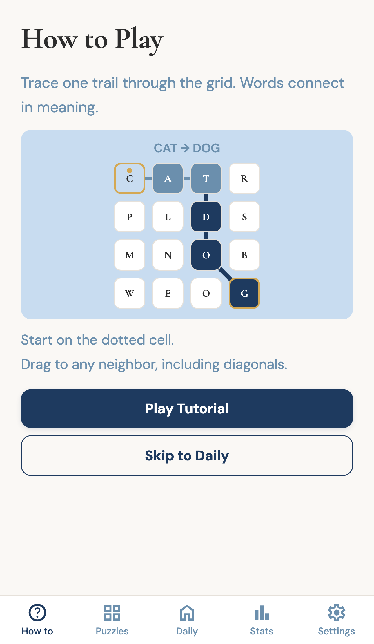 Onword how-to-play screen explaining trail rules