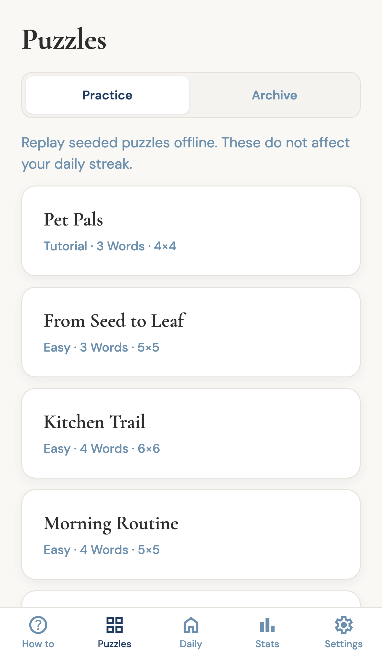Onword practice puzzle list with seeded boards