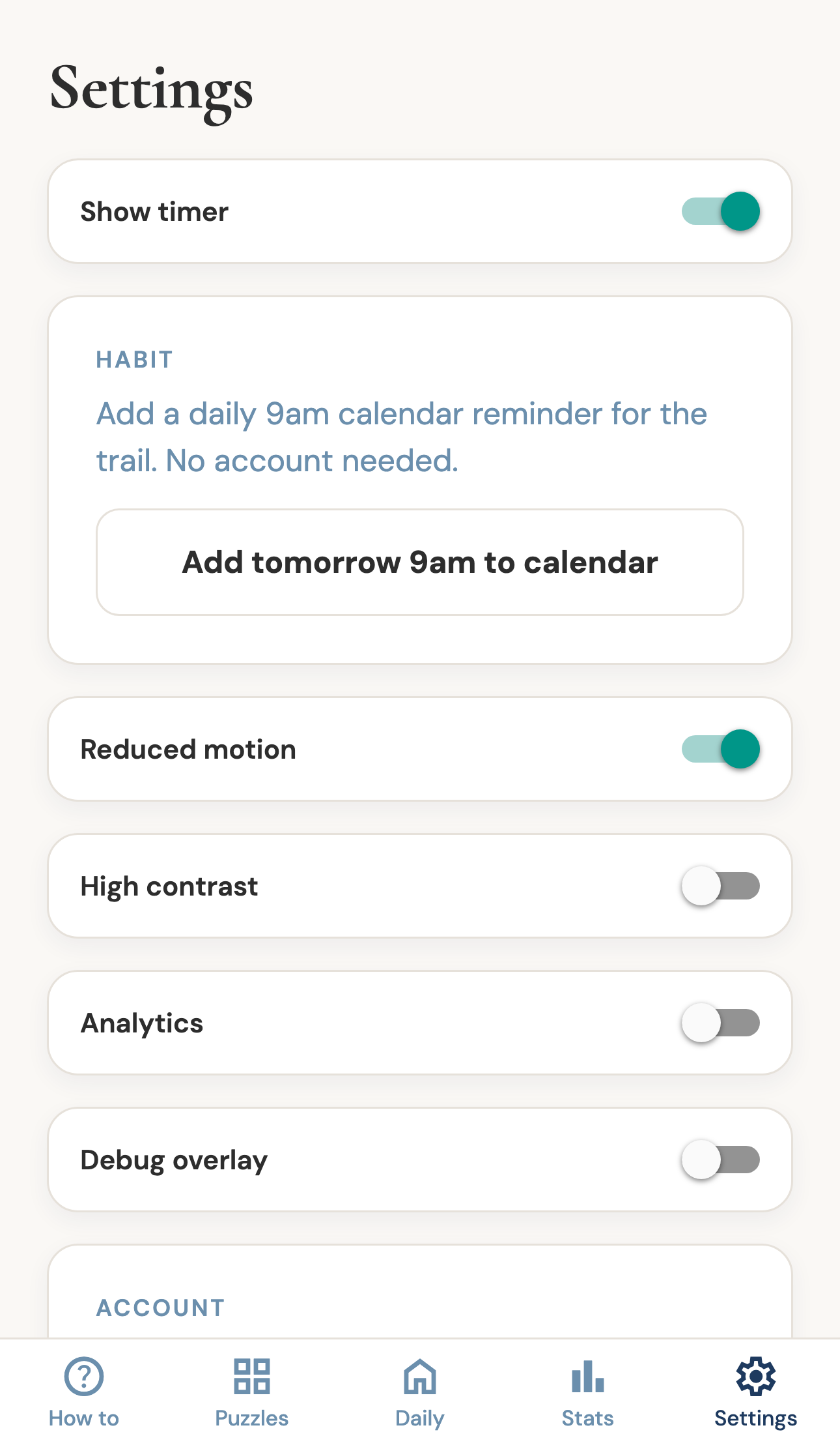 Onword settings screen