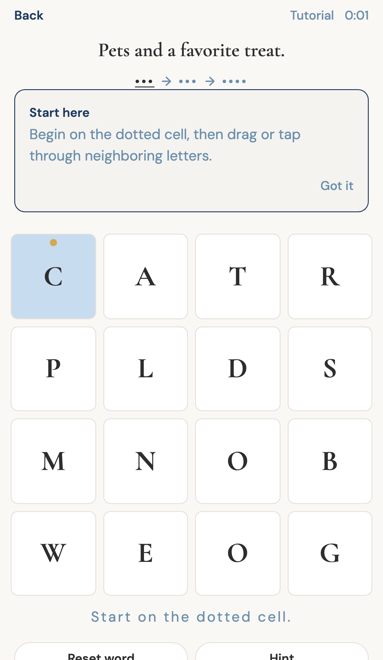Onword Pet Pals tutorial board with CAT and DOG path in progress